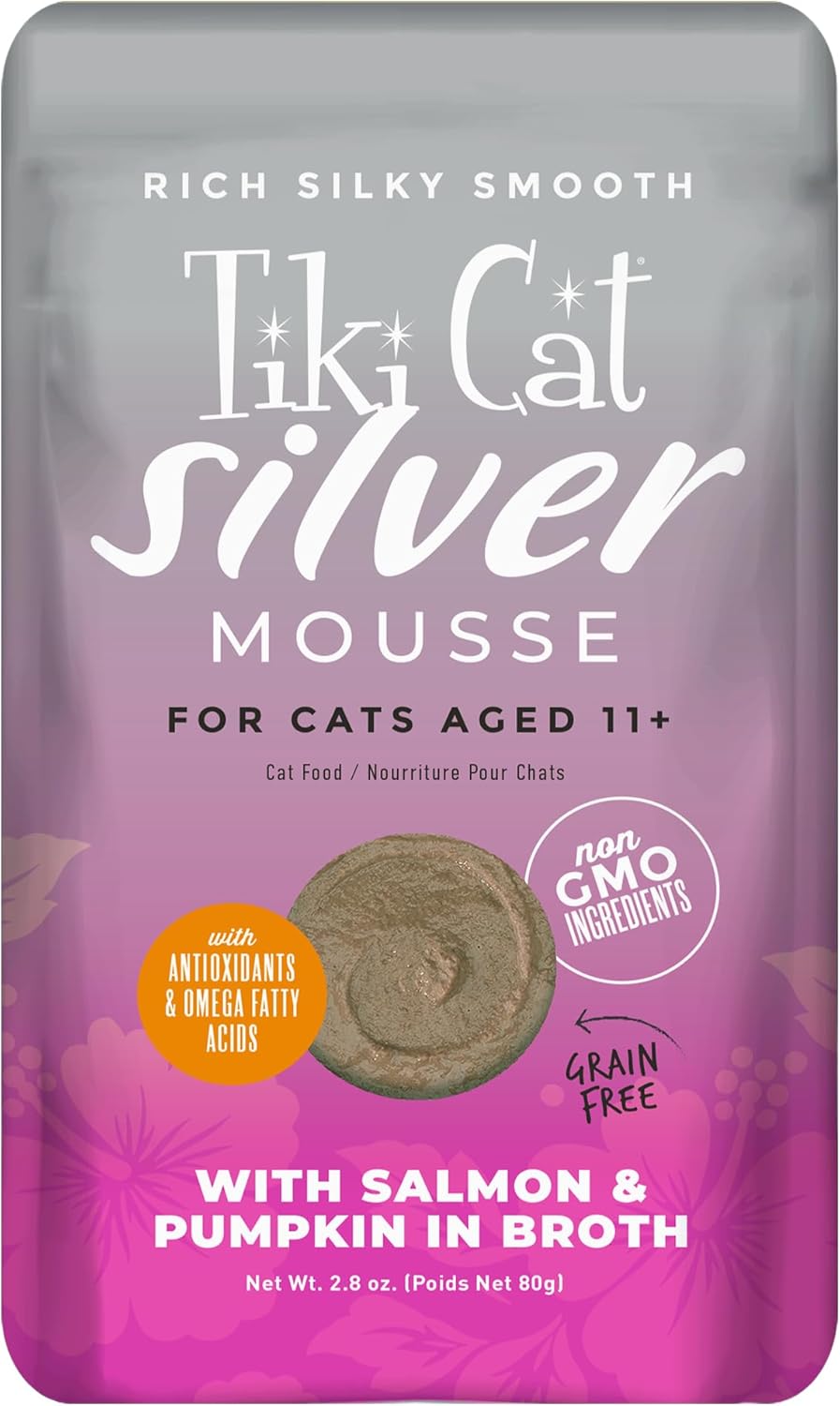 Tiki Cat Silver Mousse, with Salmon & Pumpkin in Broth, Silky Smooth Nutrient Rich Formulated for Older Cats Aged 11+, 2.9 oz. Pouch (12 Count)