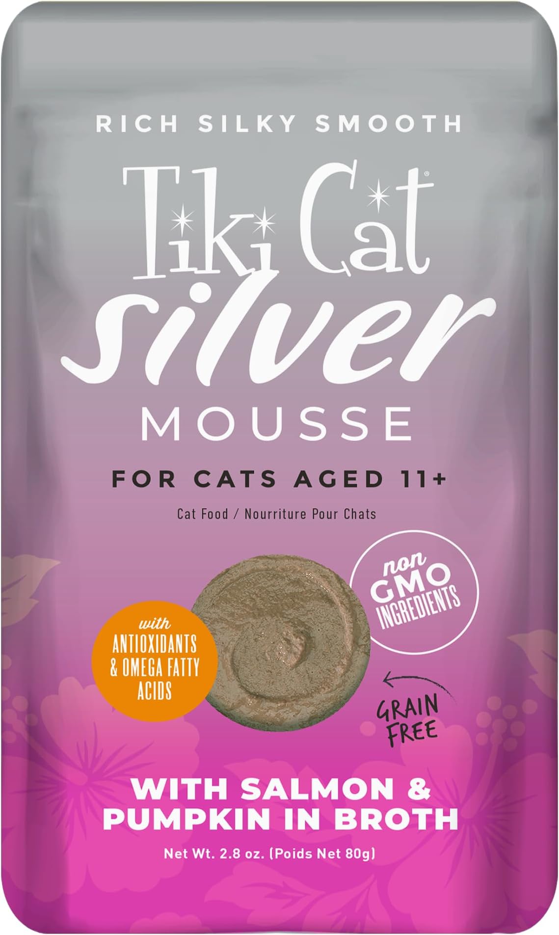 Tiki Cat Silver Mousse, with Salmon & Pumpkin in Broth, Silky Smooth Nutrient Rich Formulated for Older Cats Aged 11+, 2.9 oz. Pouch (12 Count)