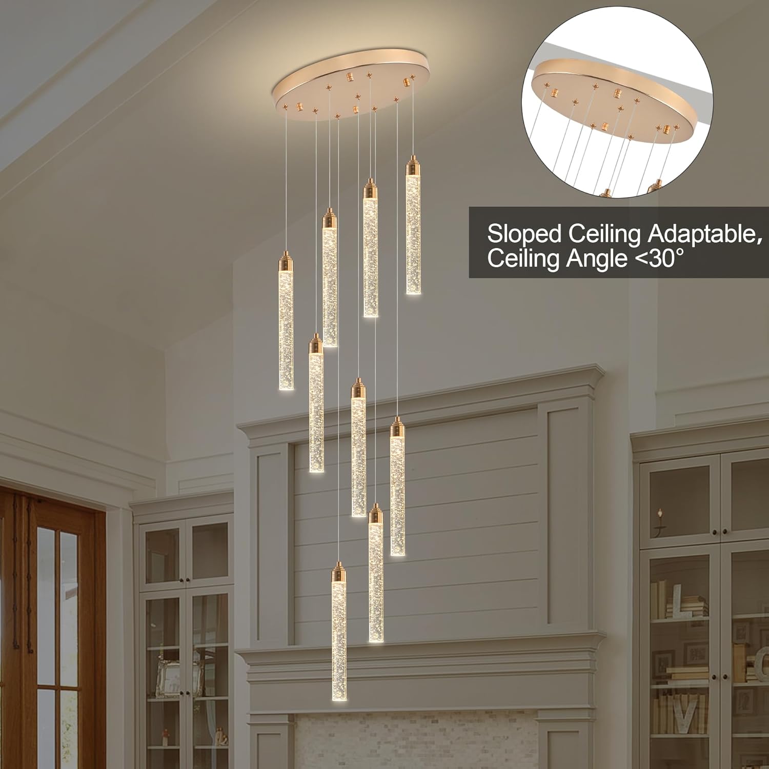 Crystal Staircase Chandelier, Modern Gold Spiral Dimmable LED Cluster Raindrop Foyer Chandelier Lighting, Bubble Living Room Hanging Light Fixture 9 Light Remote Control