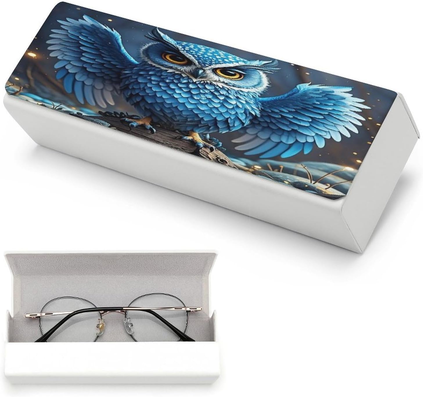 Blue Owl Eyeglasses Case Hard Shell for Men Women PU Leather Eyeglass Cover Fashionable Travel Sunglasses Cases Portable Reading Glasses Cover with Cleaning Cloth