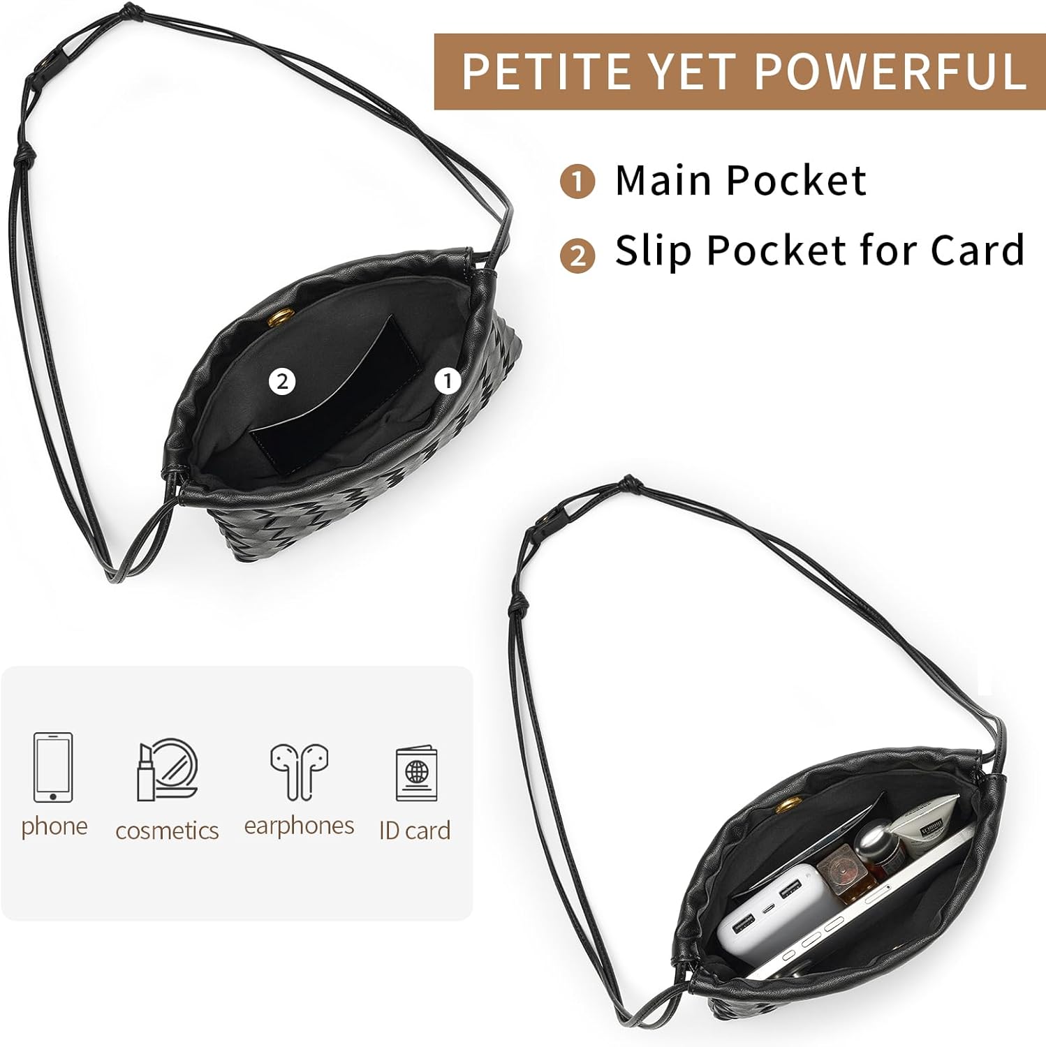 Mini Woven Drawstring Pouch Crossbody Bag for Women PU Leather Small Vintage Dustbag Style Shoulder Bag Purse - Image 5