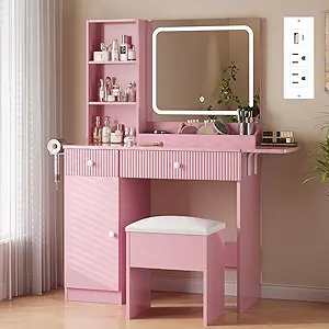 Fluted Makeup Vanity Desk with Mirror and LED Lights, Vanity Table with Storage Stool, Power Outlet, 2 Drawers, 3 Storage Shelves, Large Cabinet, Dressing Table and Chair for Bedroom Dressing Room