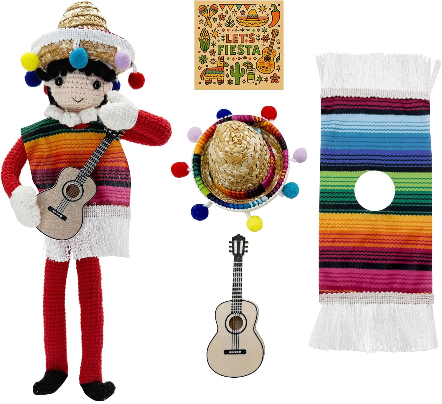 Christmas Elf Doll Props & Accessories Set,Mexican Fiesta Clothing Costume Set with Serape Poncho, Sombrero Hat & Mini Guitar Props, Doll Not Included