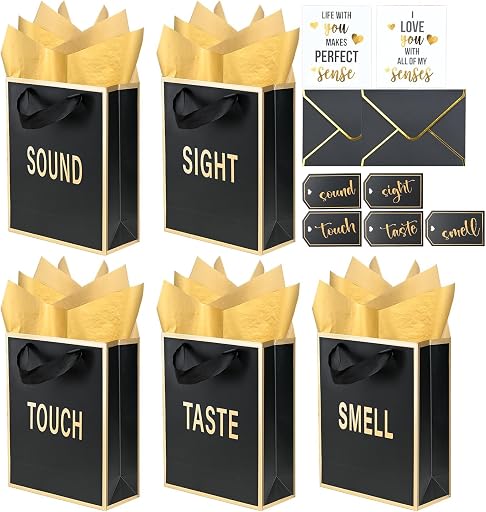 Gold Foil 5 Senses Gift Bags for Him Her with Labels Envelopes and Cards, Five Senses Gift Bags with Tissue Handle for Birthday, Anniversary, Mother's Day, Valentine's Day 9x7x3.2 Inch (Black)