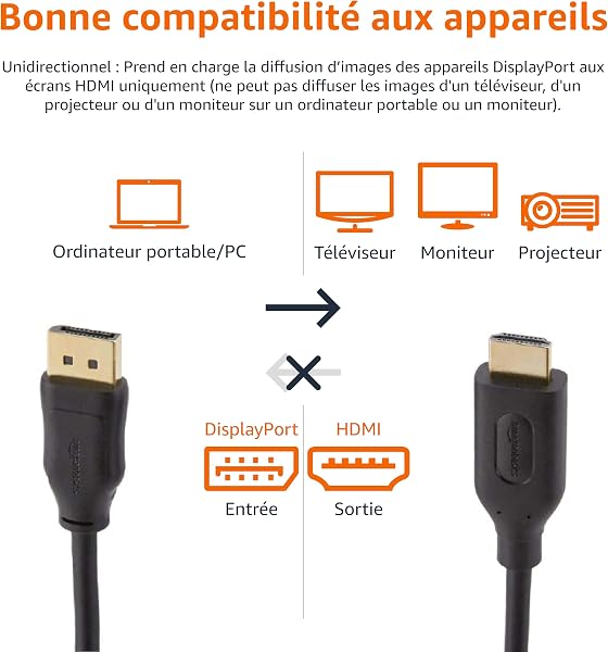 Amazon Basics Câble DisplayPort vers HDMI avec connecteurs plaqués Or - 3 m, Noir - 4
