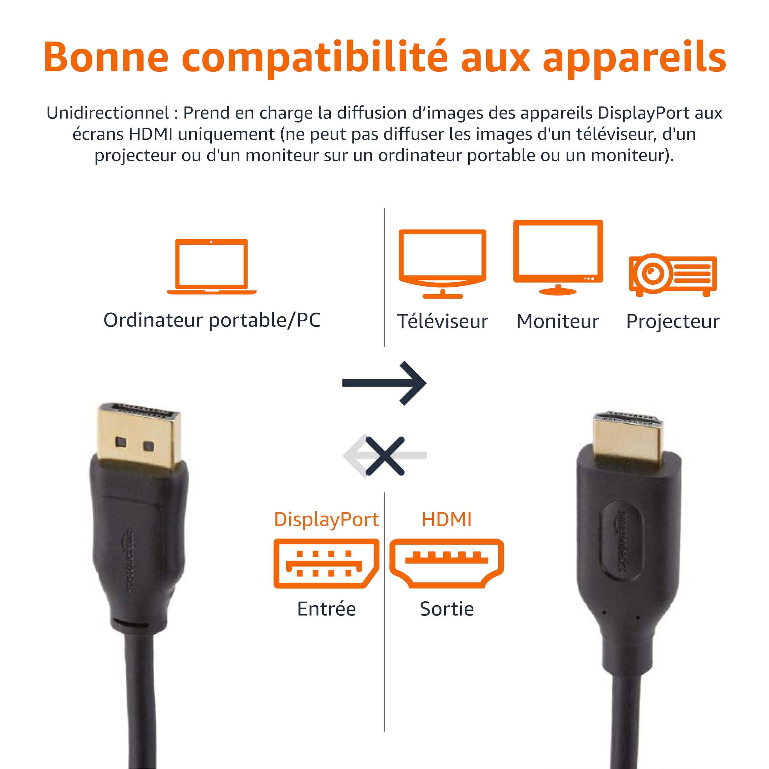 Amazon Basics Câble DisplayPort vers HDMI avec connecteurs plaqués Or - 3 m, Noir - 4