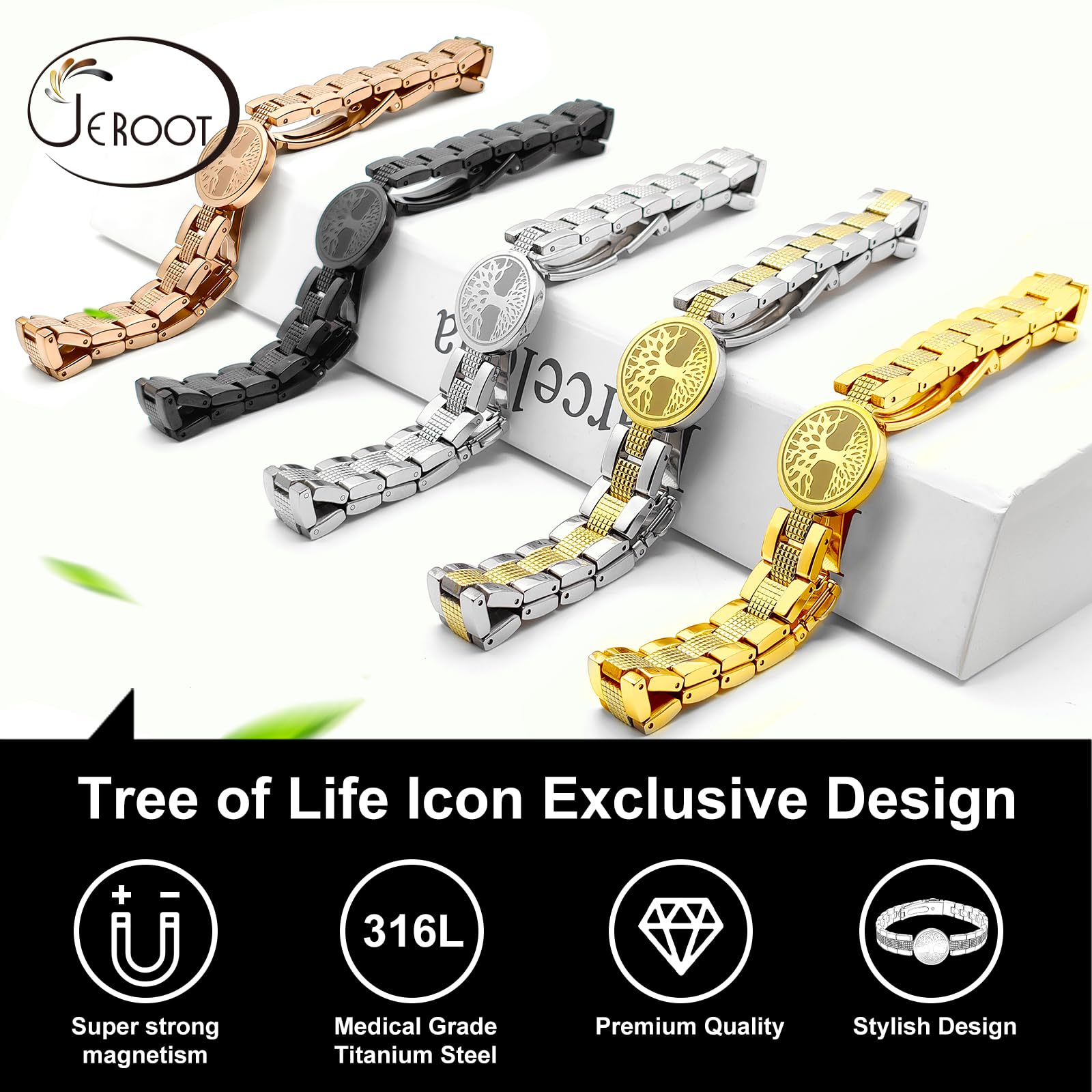 JEROOT Bracciale Magnetico Terapeutico ad Alta Potenza, Braccialetto Magnetico da Donna in Acciaio Inossidabile, Regolabile con strumento di rimozione