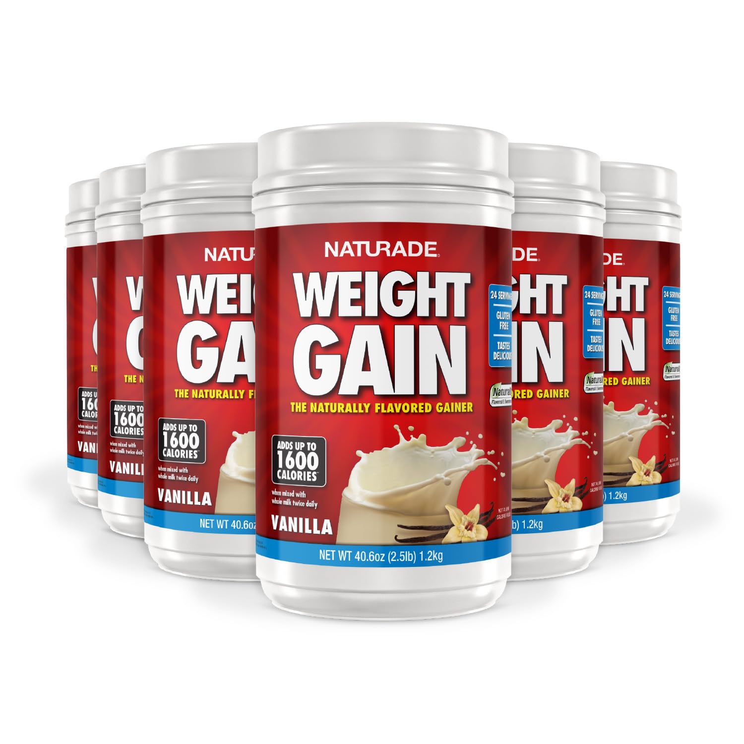 Naturade - All Natural Weight Gain Drink Mix - Gluten Free, Delicious Taste, 1600 Calories per Servings - Mass Gainer w/Carbohydrates & Protein - Vanilla, 40.6 Ounce - 24 Servings - (Pack of 6)
