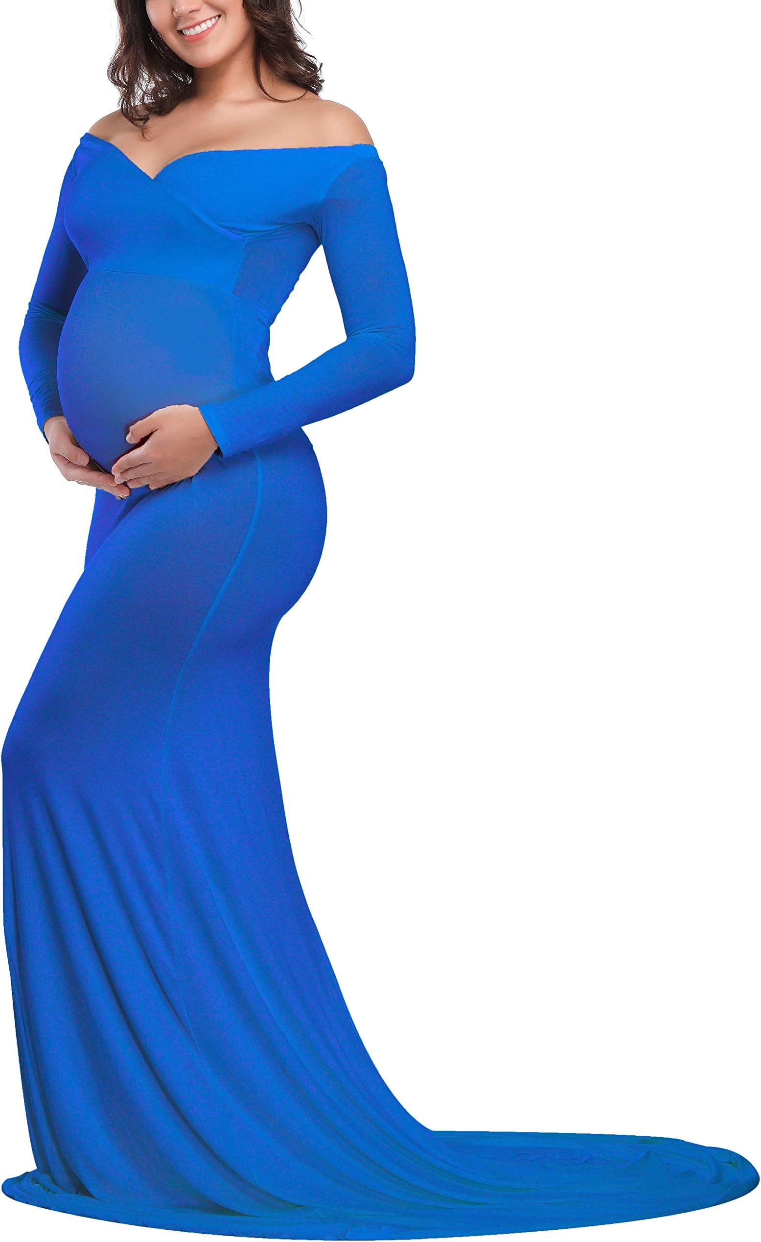 JustVH Maternity Elegant Fitted Maternity Gown Long Sleeve Cross-Front V Neck Slim Fit Maxi Photography Dress for Photoshoot