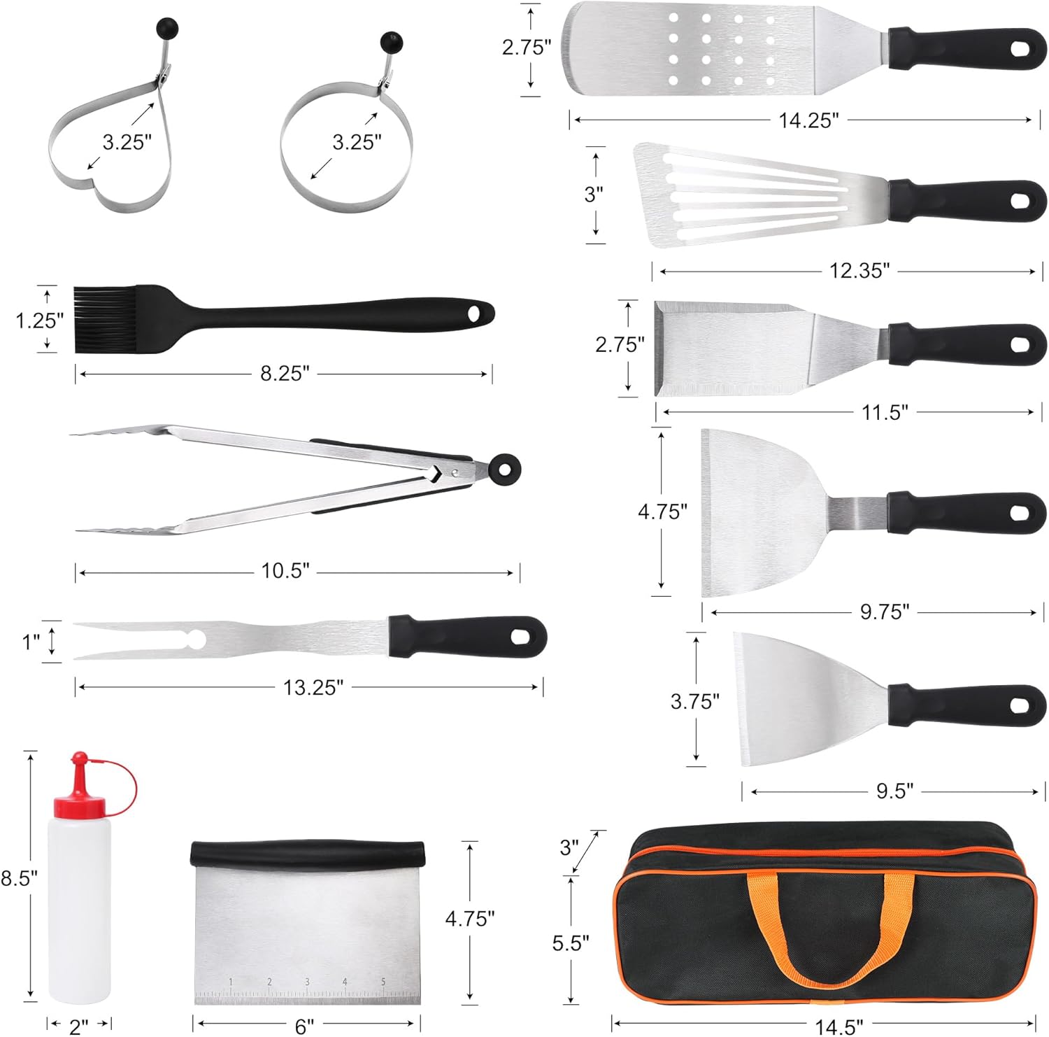 LotFancy Griddle Accessories Kit, 14 Pcs Flat Top Grill Accessories Set for Blackstone and Camp Chef, Grill Spatula Set with Spatulas, Tongs, Scraper, Brush, Fork & Carry Bag for Outdoor BBQ