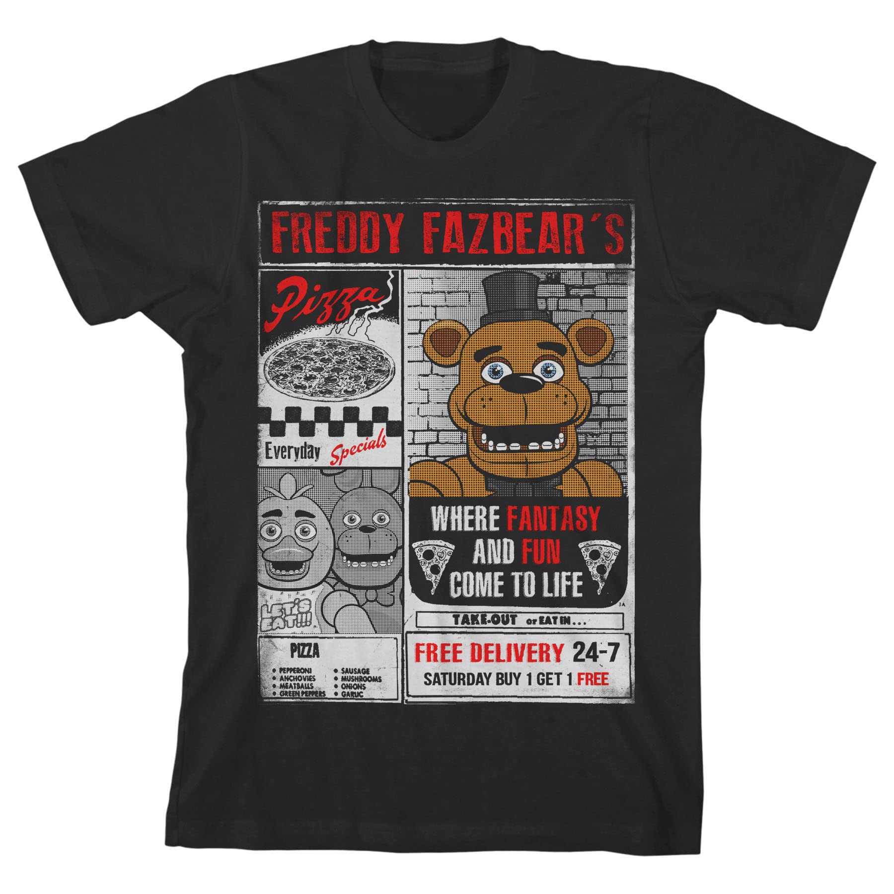 Five Nights at Freddy's Freddy Fazbear's Pizza Ad Boy's Black T-Shirt