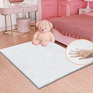 White Shaggy Bunny Fur Rugs for Living Room Washable Furry Area Rugs for Bedroom Nursery Rug 3x5 Teen Room Décor Boho Rug