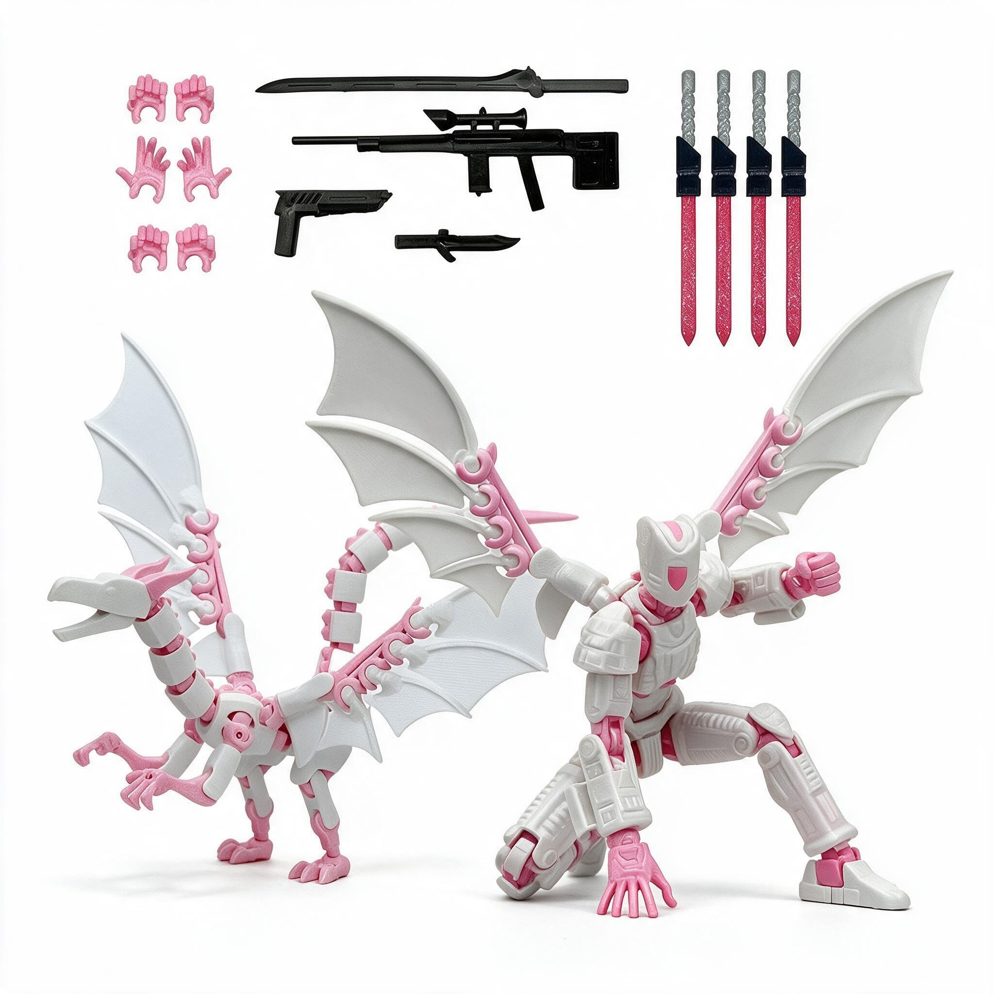 DiiWmme Pre-Assembled T13 3D Printed Action Figure Set,Dummy 13 Multi-Jointed Robot Figure with Dragon Companion, Collectible Desk Decor,Titan 13 Toys with Interchangeable Weapons Hands (Pink White)