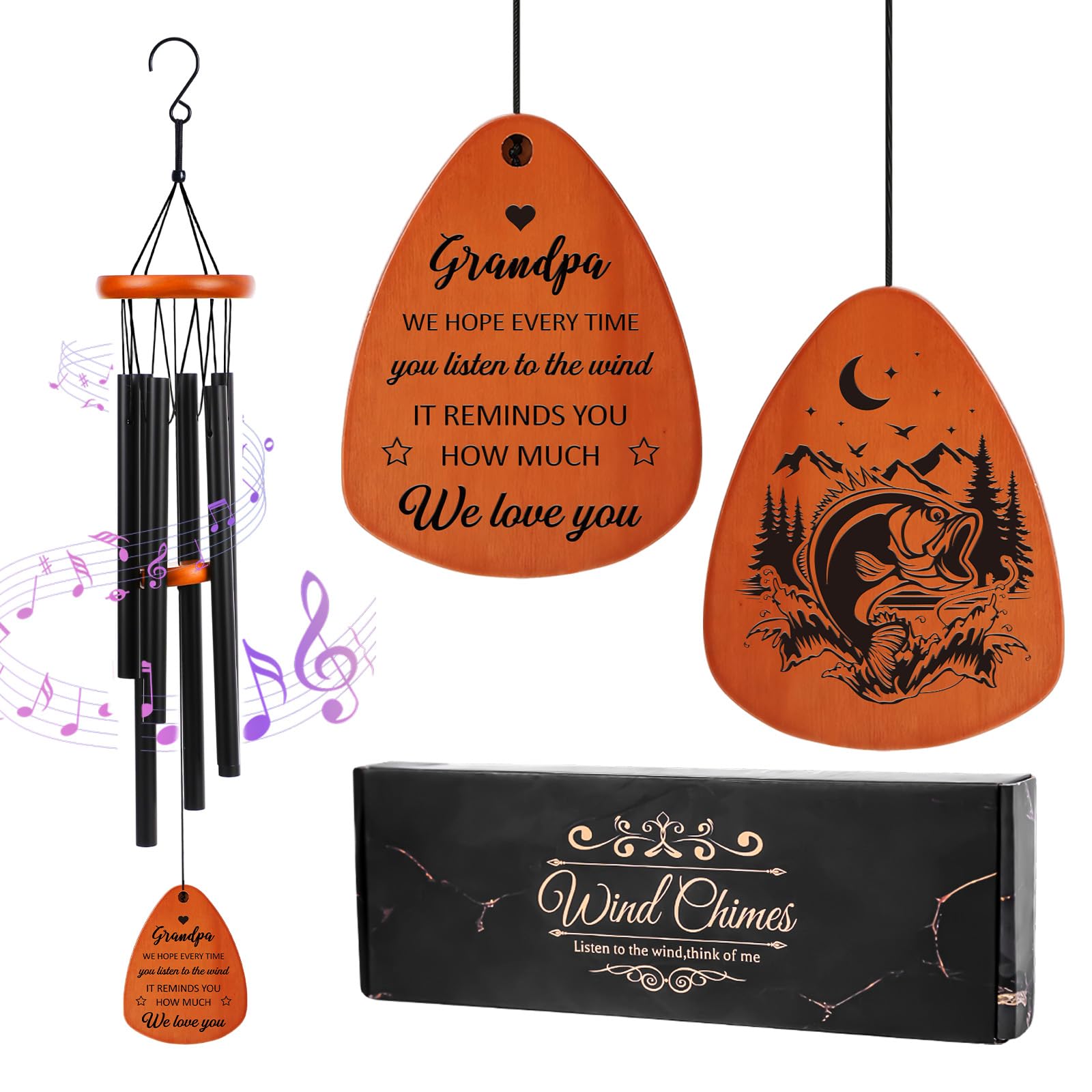 Carillon éolien pour grand-père en bois gravé d'extérieur et tubes aluminium accordés en coffret