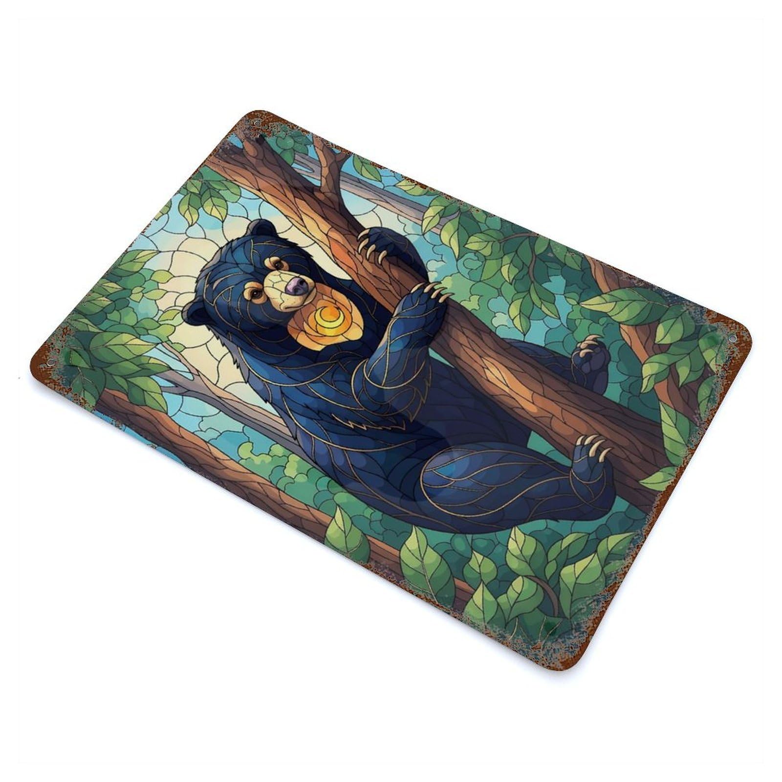 Sun Bear Stained Glass Illustration Vintage Wall Sign 11.8"x7.9", Rust Effect Metal Decor for Living Room, Hallway And Home Decor