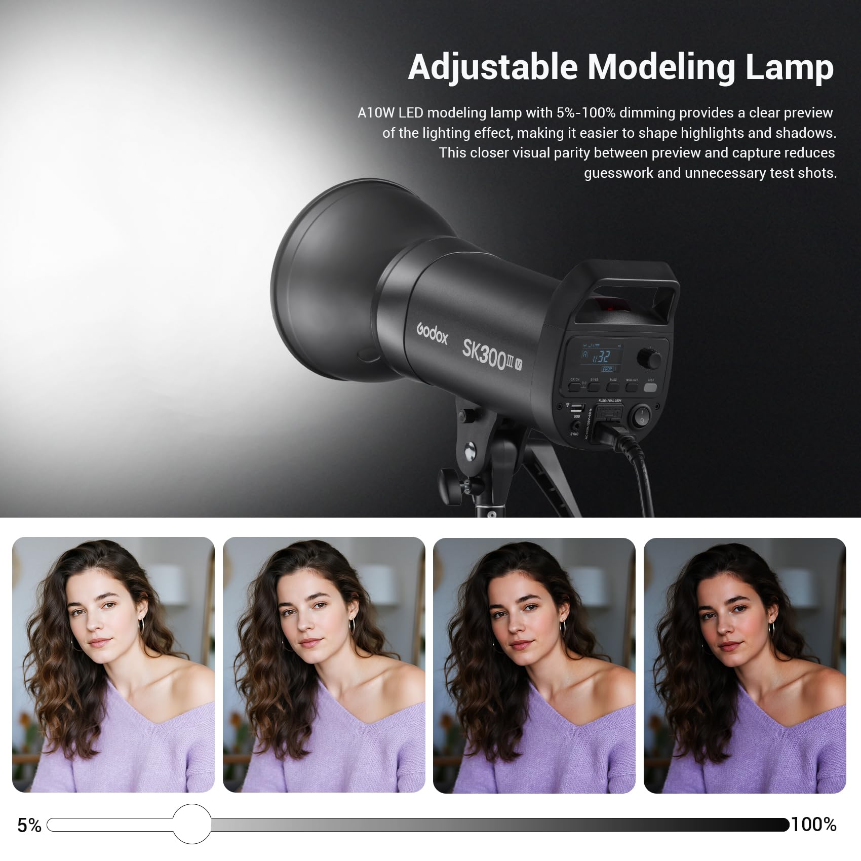 GODOX SK300III-V Flash de Studio, SK300IIIV 300Ws GN58 Strobe Light avec Lampe Modèle 10W, Temps de Recyclage de 0,1s a 1,5s, Bowens Mount, Système X sans Fil 2.4G