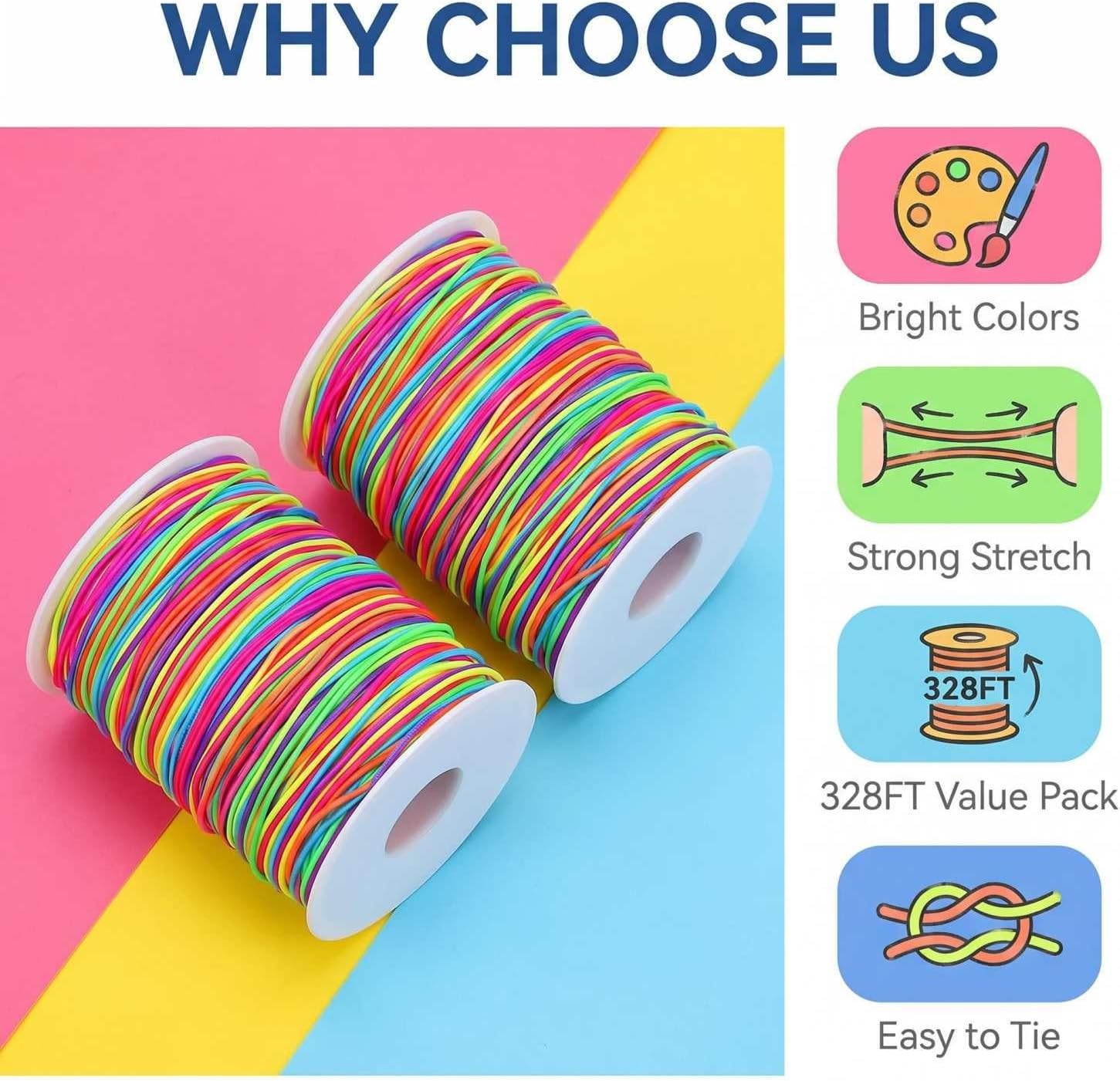 1mm Rainbow Stretchy Bracelet String, 2 Rolls 328FT Colorful Elastic String for Bracelets, Necklaces, Kandi Beads, Sturdy Stretchy Cords for Friendship Bracelets, DIY Crafts, Beading & Jewelry Making