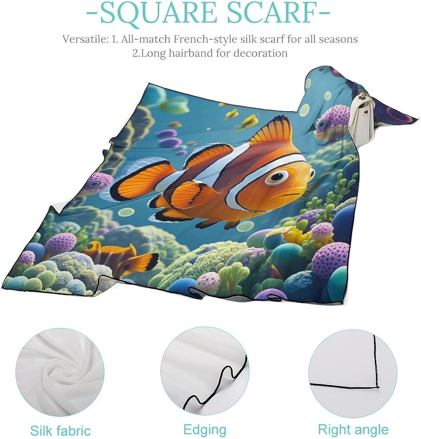 Cartoon Clown Fish Headscarf for Women, Lightweight Square Hair Wraps Shawl, Fashion Silk Scarf for Men, Multifunctional Hair Bandanas for Gift, Personalized Hair Wrapping Night