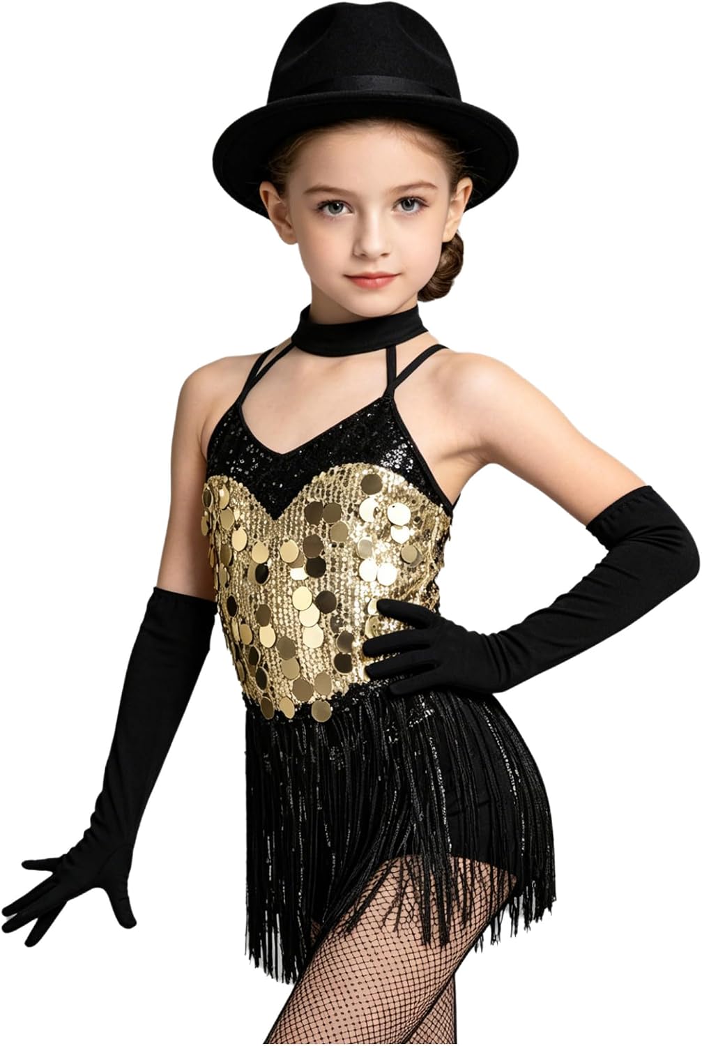 Shinsto Girls Sequin Latin Dance Outfit 3 Pcs Sequin Fringed Halter Dress with Gloves Ballroom Competition Dancewear