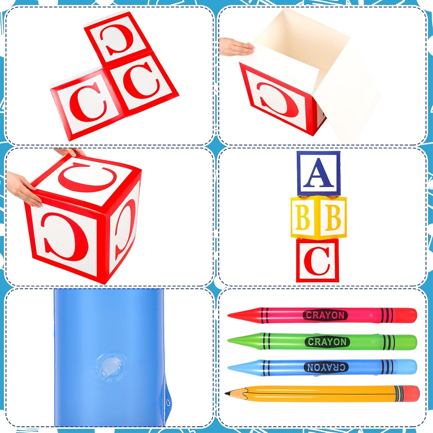 14 Pcs Giant School Theme Party Decorations ABC Alphabet Party Favor Box Large Inflatable Pencil Crayon for Celebration Back to School Birthday Decoration