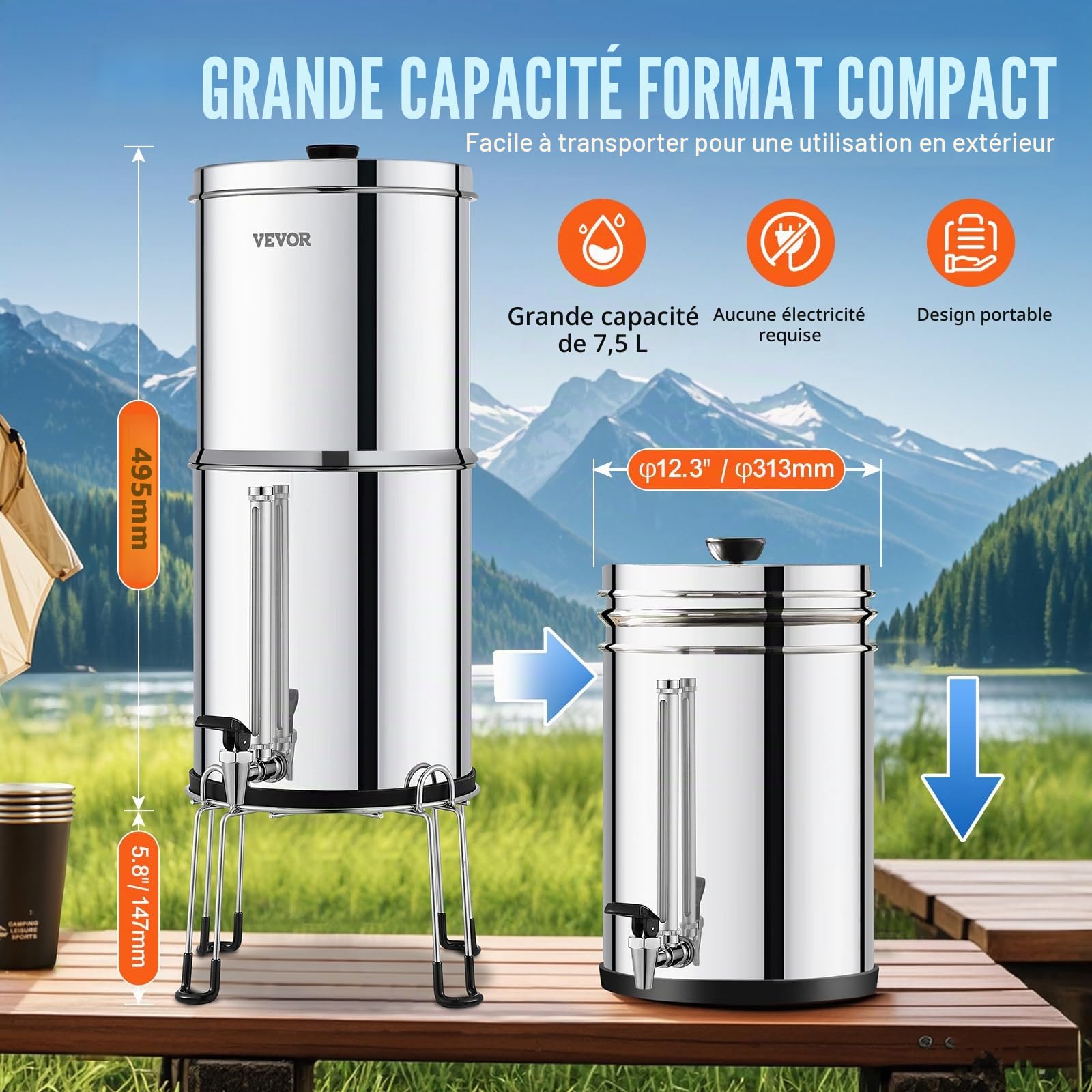 VEVOR Système de Filtration d'Eau par Gravité 7,5 L, Filtre à Eau par Gravité Réduction du Plomb et jusqu'à 99% du Chlore, Inox 304, avec 2 Filtres à Charbon Actif, 2 Filtres de Défluoration, Robinet