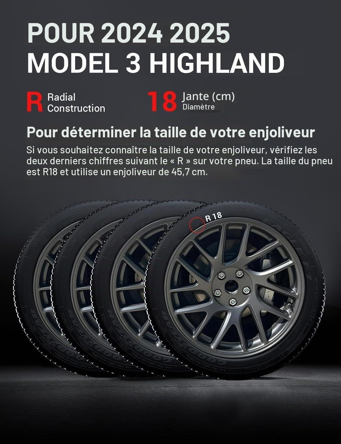 BASENOR Lot de 4 enjoliveurs argentés de 45,7 cm pour Tesla Model 3 Nova 2026-2024, protection de jante, accessoires de rechange pour Model 3 Highland