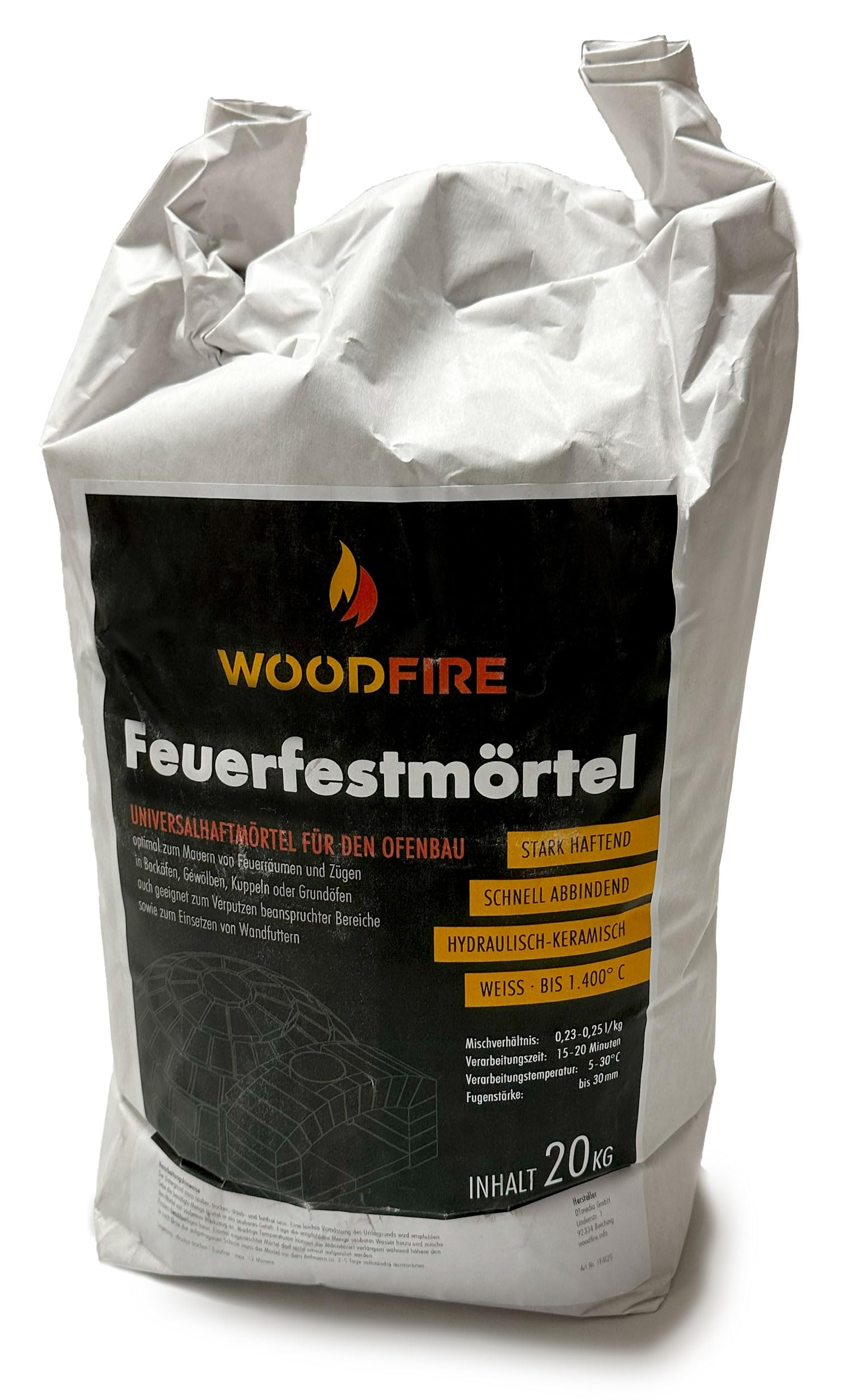 WoodFire Feuerfestmörtel FFM Haftmörtel, 20 kg, weiß, hitzebeständig bis 1.400°C, schnell abbindend, hydraulisch-keramisch, Ofenbaumörtel