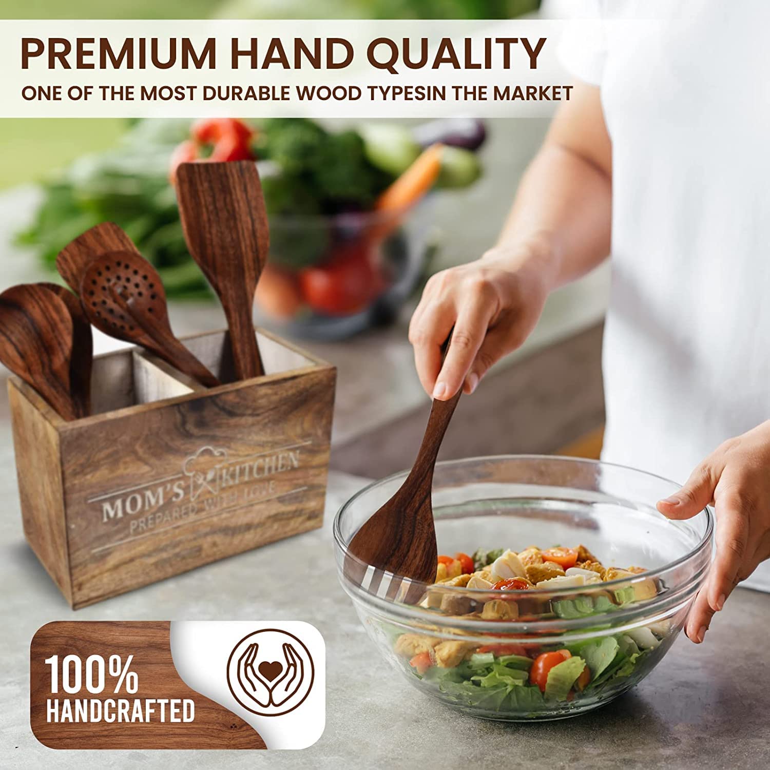 Küchenhelfer-Set aus Akazienholz mit Halterung für Kochen, natürliches Holz-Küchenutensilien-Set mit Spatel und Küchenutensilienhalter Caddy für Arbeitsplatte