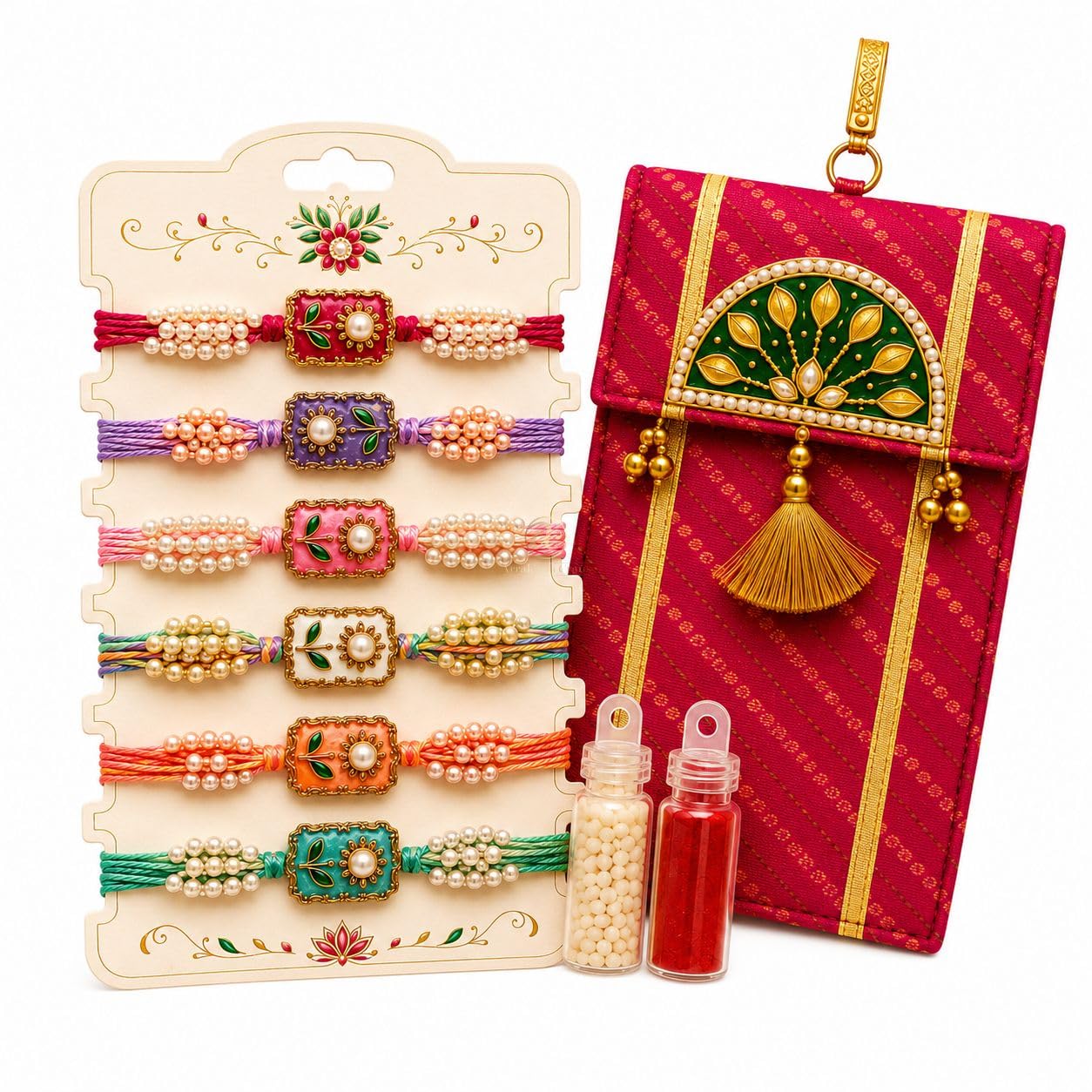 Rakhi Gift Hamper For Brother With Leheriya Ethnic Mobile Pouch Satka, Designer Handmade Pretty Beautiful Aesthetic Kundan Flower Resin Evil Eye God Rakhi Gift Combo Set For Raksha Bandhan, Couple Rakhi Set For Bhaiya Bhabhi Brother Sister-image-1