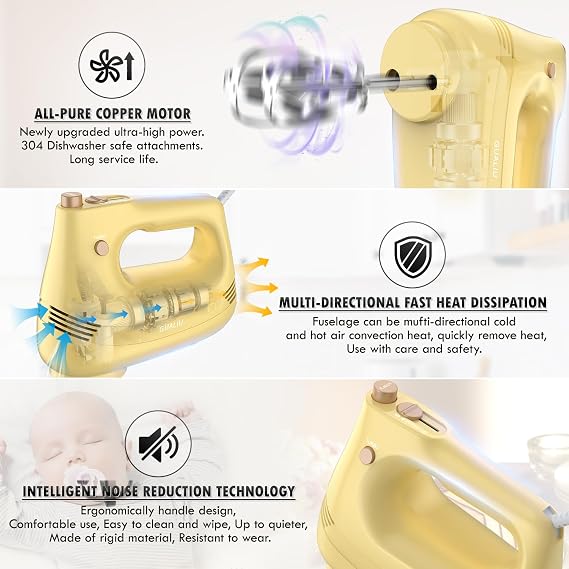 GUALIU Electric Hand Mixer with Stainless Steel Whisk, Dough Hook Attachment and Storage Bag, Handheld Mixer for Baking Cakes, Eggs, Cream Food Mixers. Turbo Boost /5 Speed Kitchen Blender Yellow