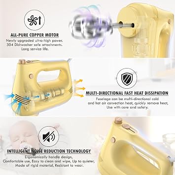 GUALIU Electric Hand Mixer with Stainless Steel Whisk, Dough Hook Attachment and Storage Bag, Handheld Mixer for Baking Cakes, Eggs, Cream Food Mixers. Turbo Boost /5 Speed Kitchen Blender Yellow