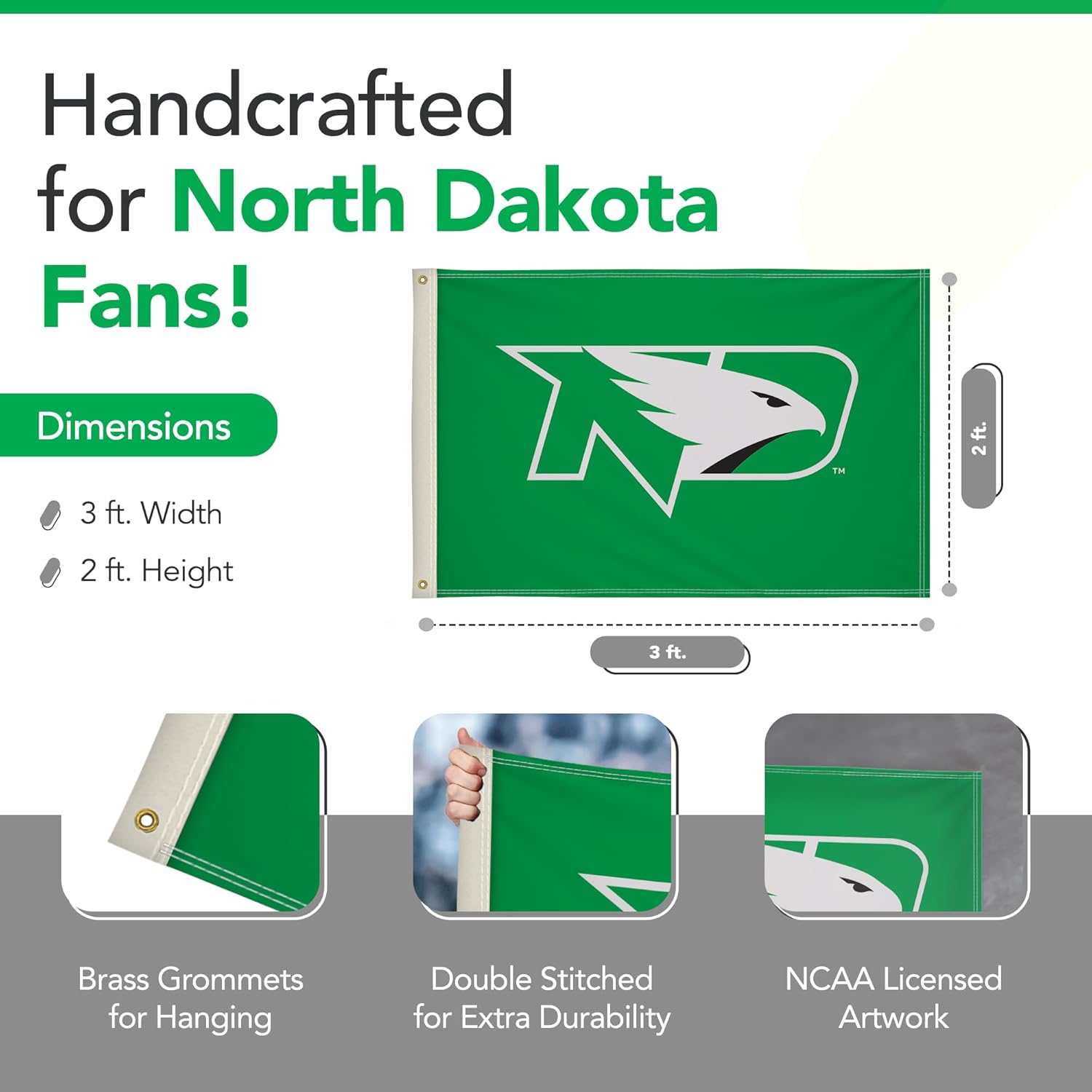 North Dakota Fighting Hawks College Sports Printed Flag - NCAA Licensed - Nylon - School Banner (Green, White, Black) (2' x 3')