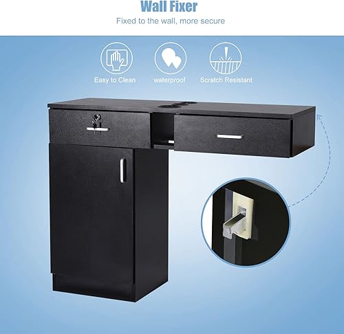 Miniatura 7 de Waktavel Estación de peluquería, estación de salón clásica de montaje en pared para peluqueros con cajón de almacenamiento con bloqueo y 3 soportes