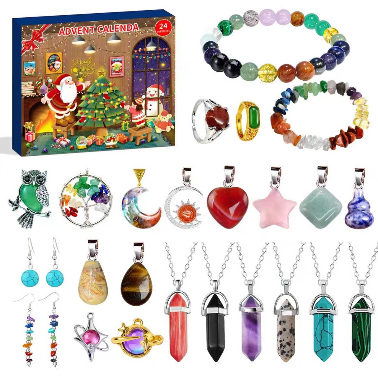 Calendrier De L'Avent 2025 Bijoux Filles - 24 Bijoux En Pierres Naturelles (colliers, Bracelets, Bagues, Boucles D'oreilles) - Cadeau Noël Adolescente