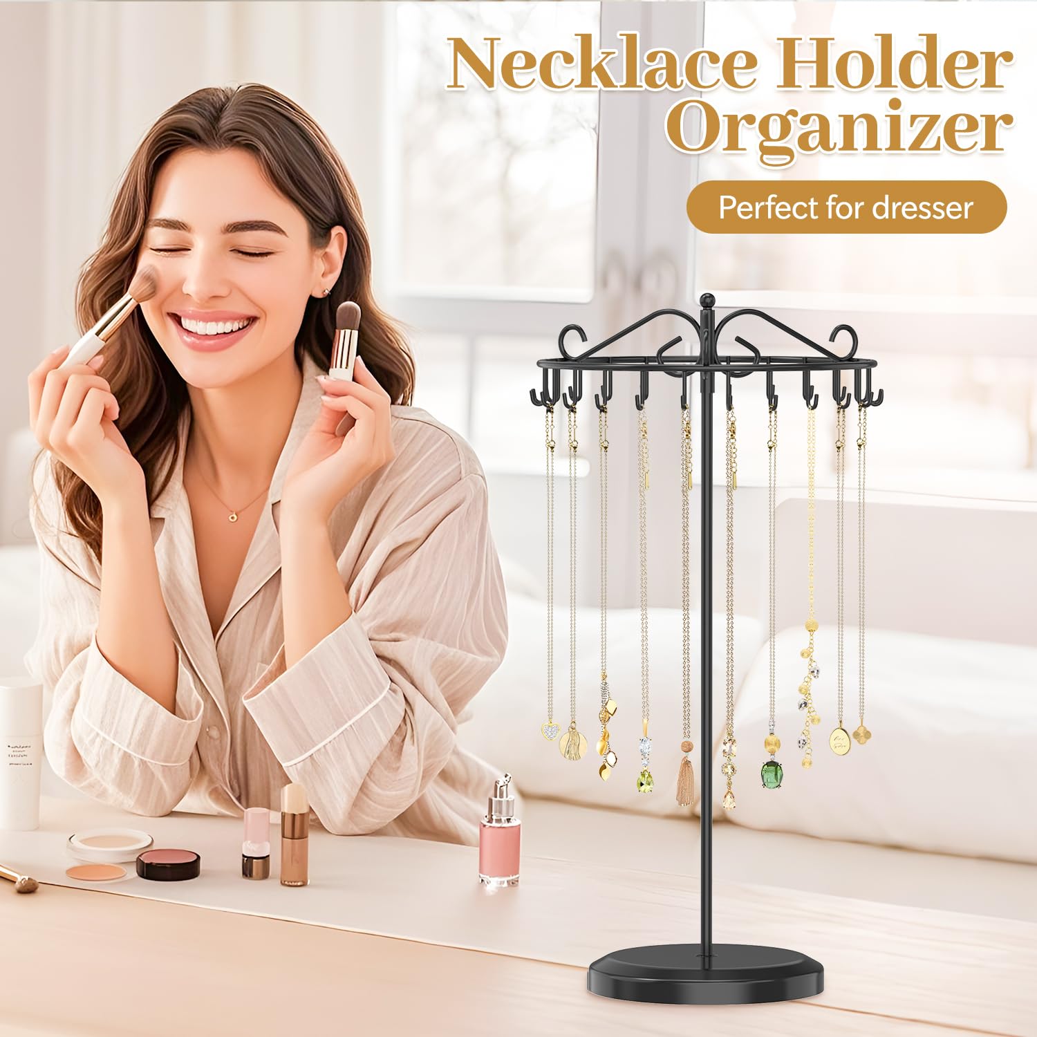 Kettenständer Schmuck Organizer mit 24 Haken, drehbarer Kettenaufhänger aus Metall für lange und kurze Halsketten, Ständer für Kettenaufbewahrung Damen Herren, einlagig, Schwarz