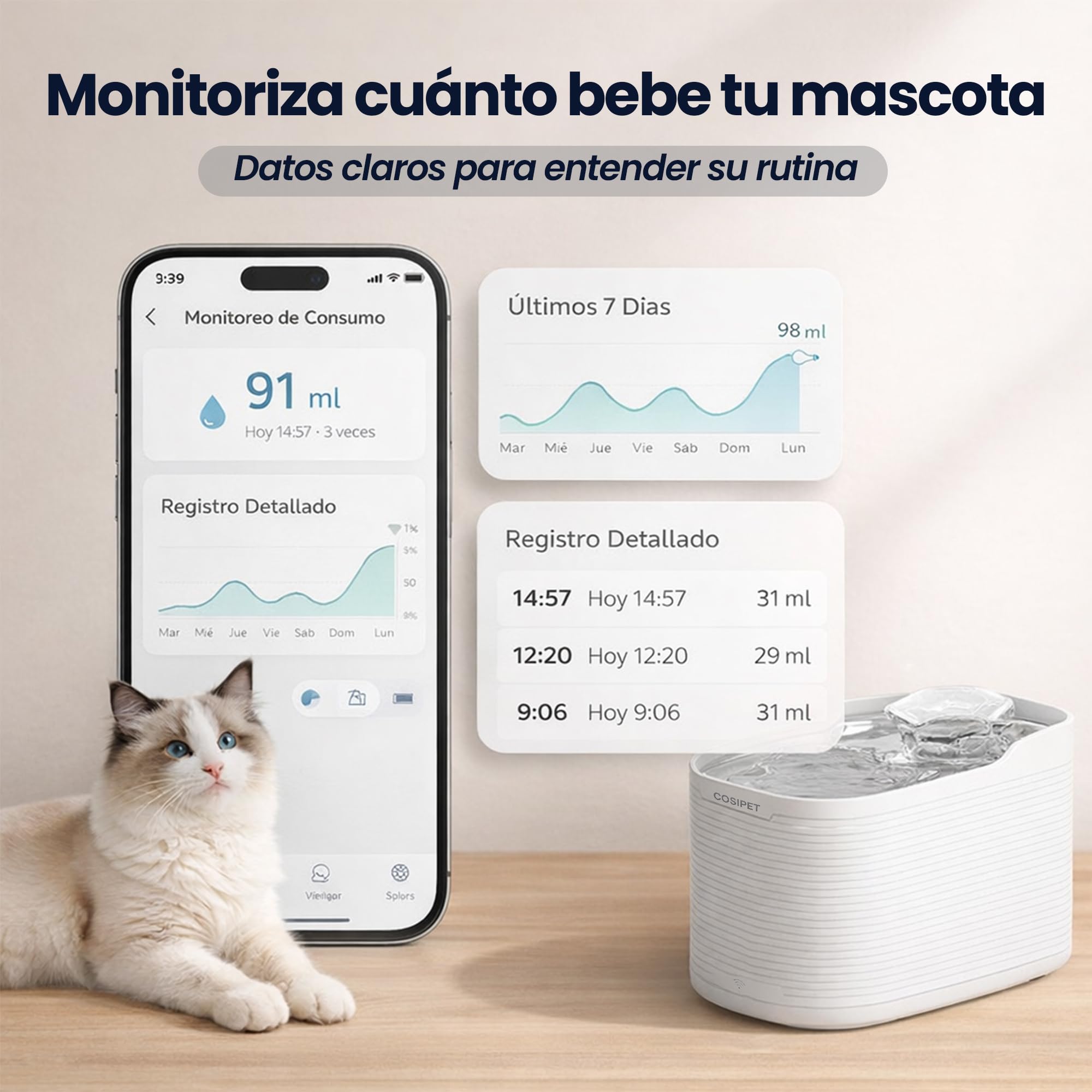 Fuente de agua inalambrica gatos y perros 2,5L control APP WiFi, bebedero automático con sensor, bandeja inox, autonomia mas de 30 dias, UV carbon activado, resina, alfombrilla antiderrame + 3 filtros
