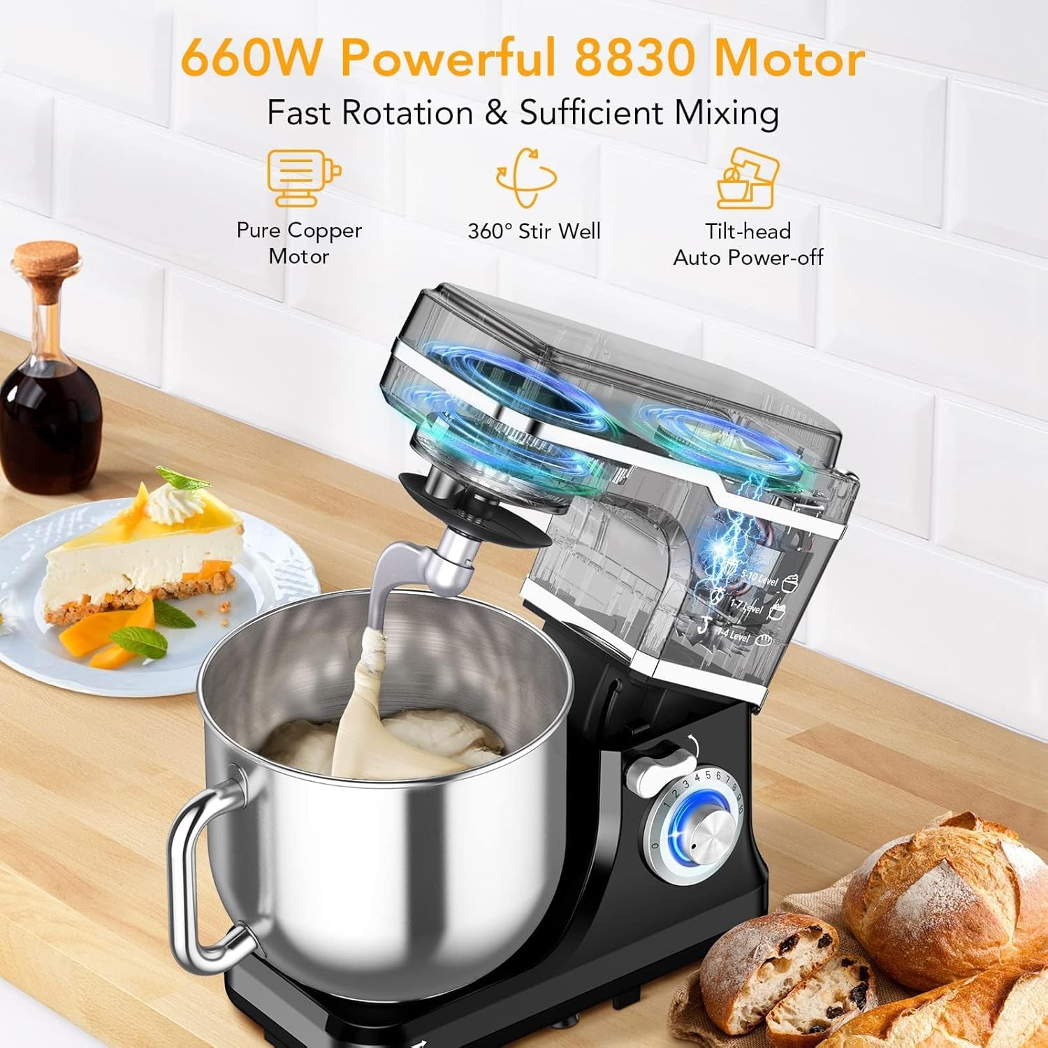 7.5QT Kitchen Stand Food Mixer, 10-Speed Tilt Head Portable Kitchen Mixer with Stainless Steel Bowl, Egg Whisk, Dough Hook, Beater, Splash Guard, Compact Dough Mixer for Baker, Beginners