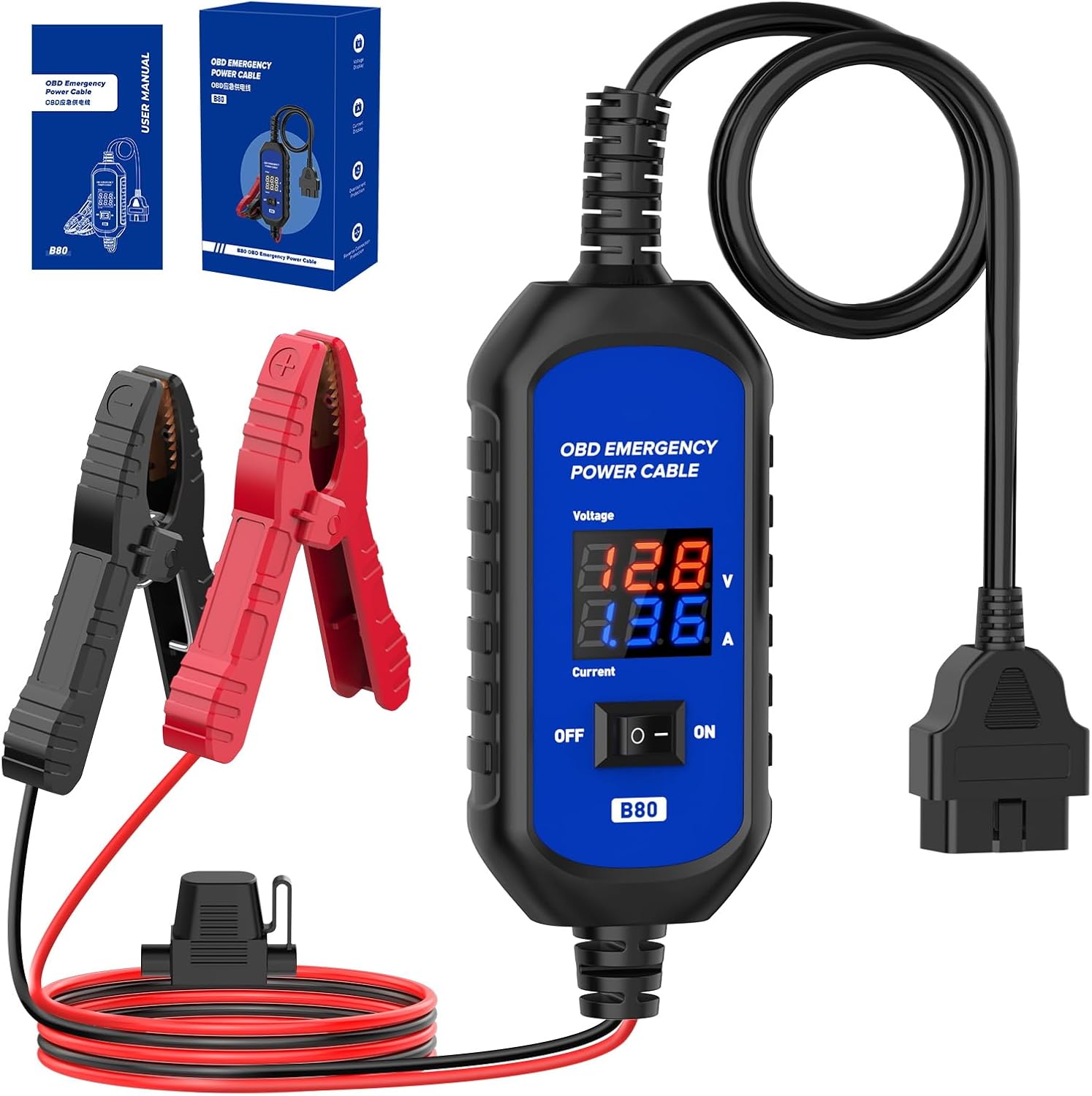 OBD2 Memory Saver Cable, 12V Car Battery Replacement Tool, B80 Emergency Power Supply with Alligator,Digital Voltage Display,Clips, Auto Leakage Detection
