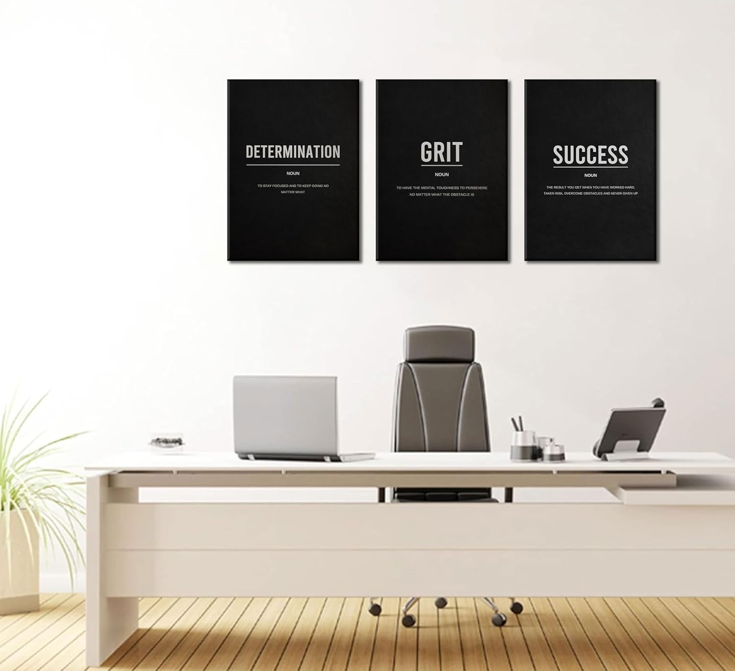 3Pcs Motivational Canvas Wall Art Black White Inspirational Poster Print Entrepreneur Quotes DETERMINATION GRIT SUCCESS Picture Artwork Wall Decor for Modern Office Gym Bedroom 12x16in Framed