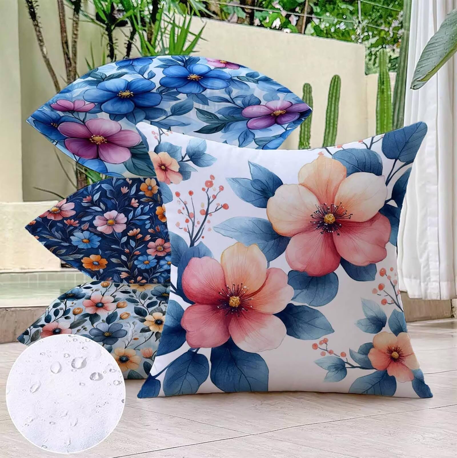 Coussin Canape Fleur Housse Coussin 65x65 cm Lot de 4, Rose Coussin Exterieur Impermeable Carrée Lin Taie Oreiller Motifs Impression Recto Verso Conception pour Décoration Maison Salon PjY6383 0-3