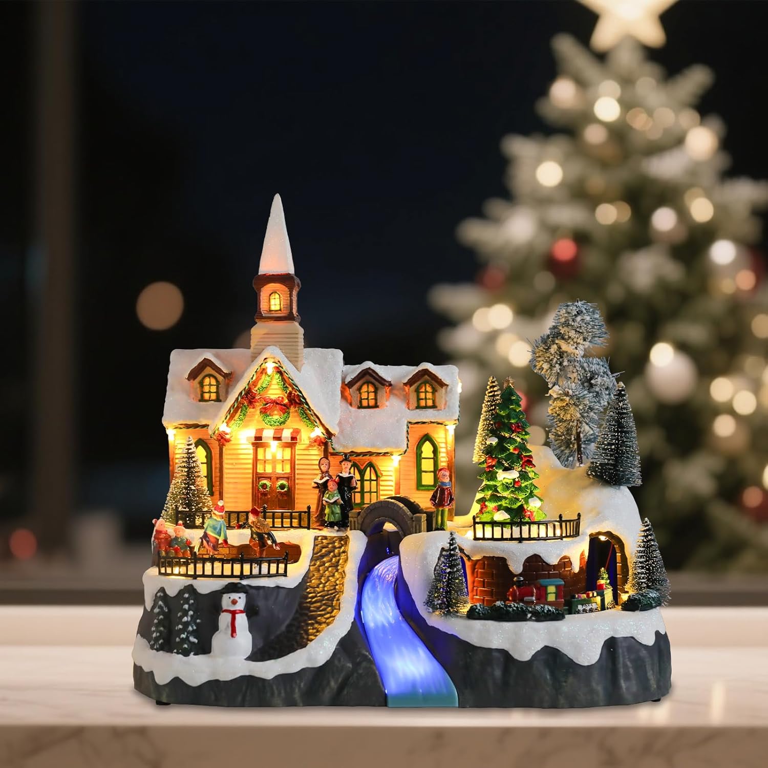 WONDER GARDEN Christmas Village Houses Church House Villages with Rotating Tree,Moving Train and Dancing Kids Musical Lighted Christmas Collectible Buildings for Indoor Decor or Gift