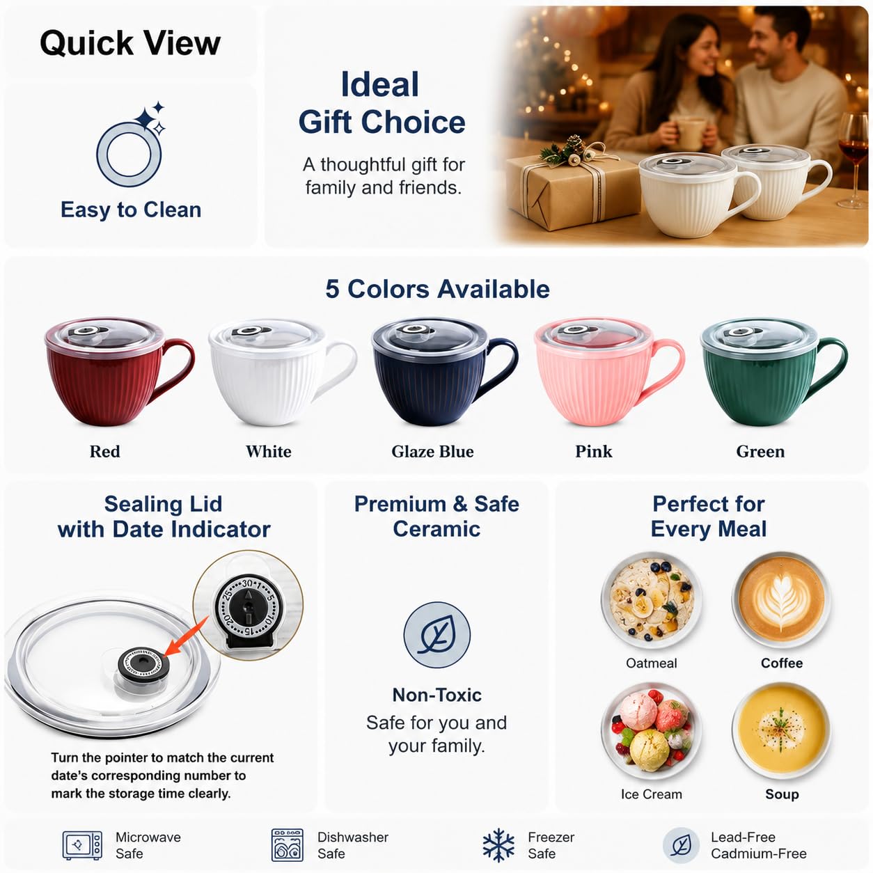 Tasse à soupe en céramique avec couvercle, 1 grand bol à bouillie et à céréales, passe au micro-ondes avec poignées pour ramen, porridge, préparation des repas, petit déjeuner, cadeau idéal pour