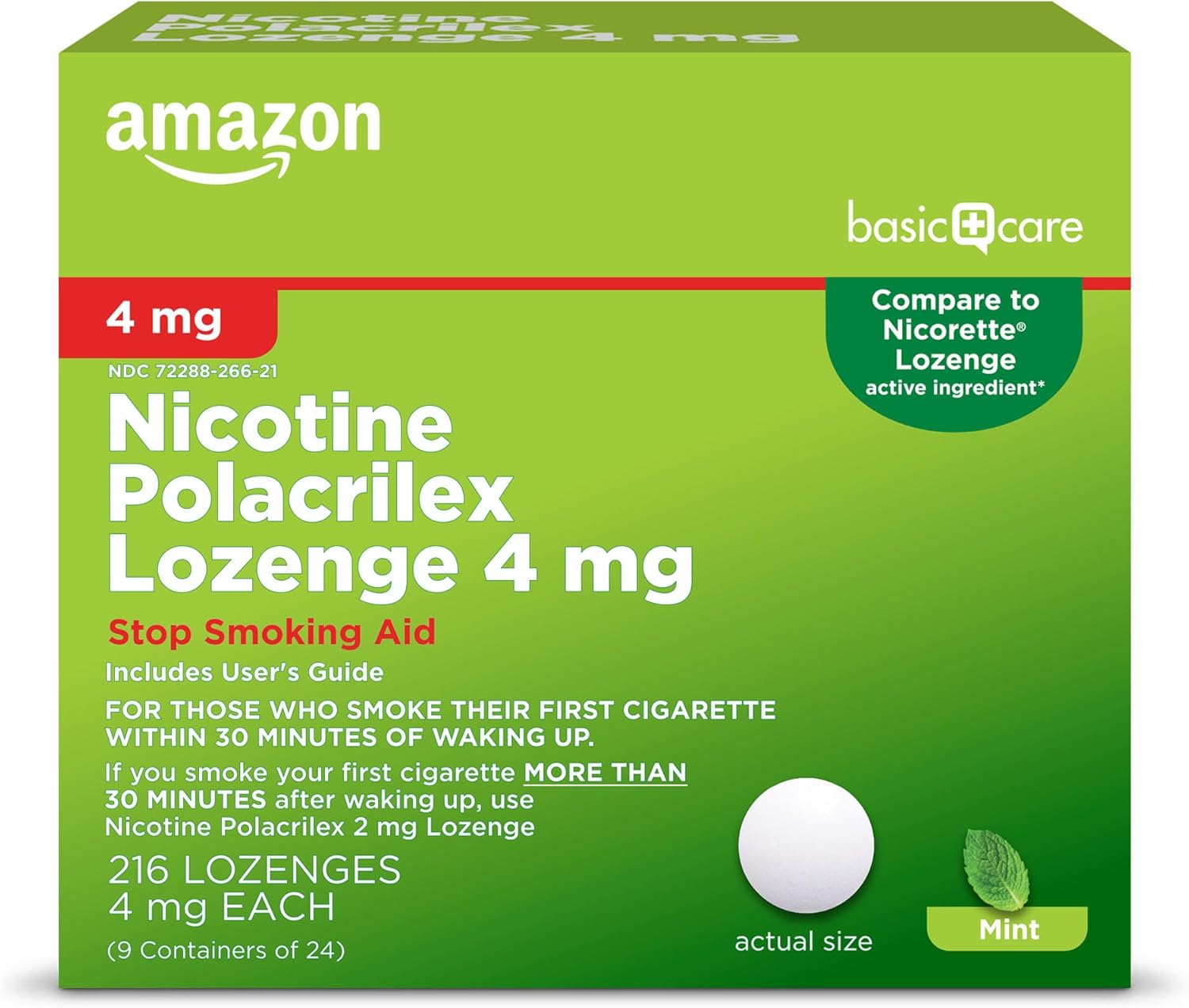 Amazon Basic Care Nicotine Polacrilex Lozenge, 4 mg (Nicotine), Mint Flavor, Stop Smoking Aid, 216 Count (Packaging may vary) Mint 216 Count (Pack of 1)