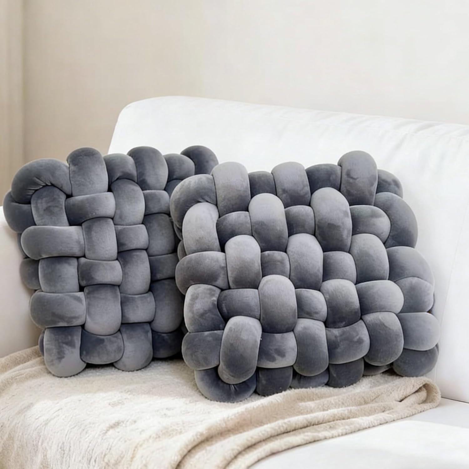 2Pcs Square Knot Throw Pillows, Suitable for Bedroom Decoration, Sofa Decorative Pillows, Home Decoration, Home Decor Living room12 inches * 13 inches (Dark Grey)