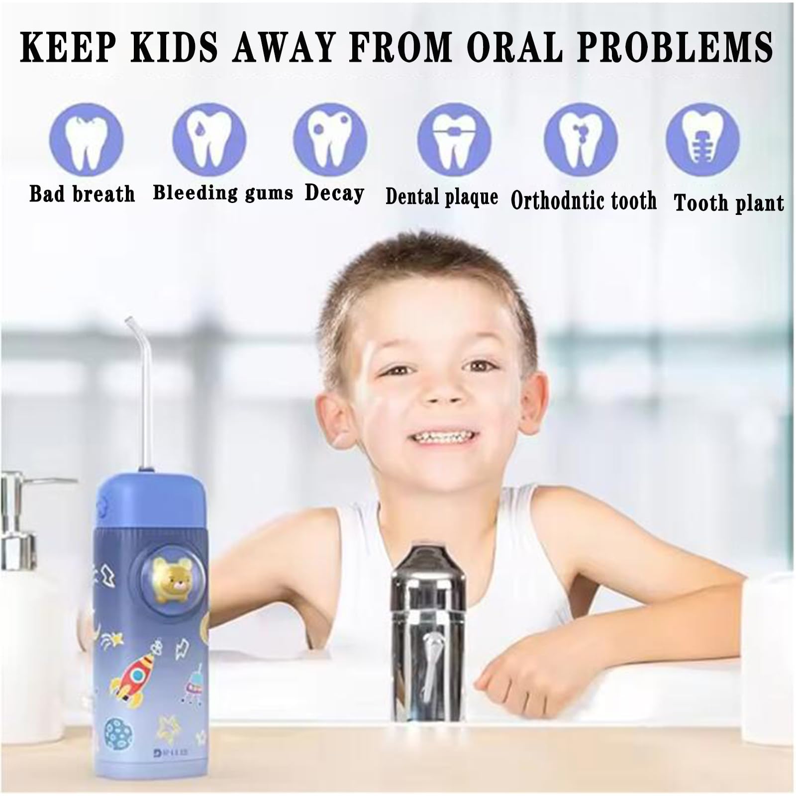 Irrigador bucal para niños, 2 modos, irrigador dental portátil para dientes, 120 ml, IPX7, impermeable, con 4 boquillas reemplazables, color rosa