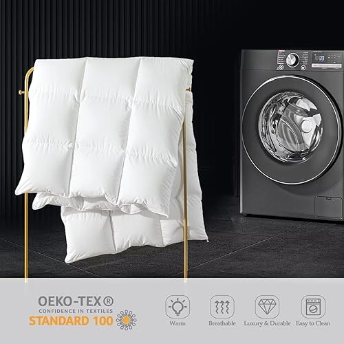 Miniatura 5 de WhatsBedding Edredón de plumas tamaño Queen blanco, relleno de plumas y plumón, relleno de edredón para todas las estaciones, edredón de lujo estilo