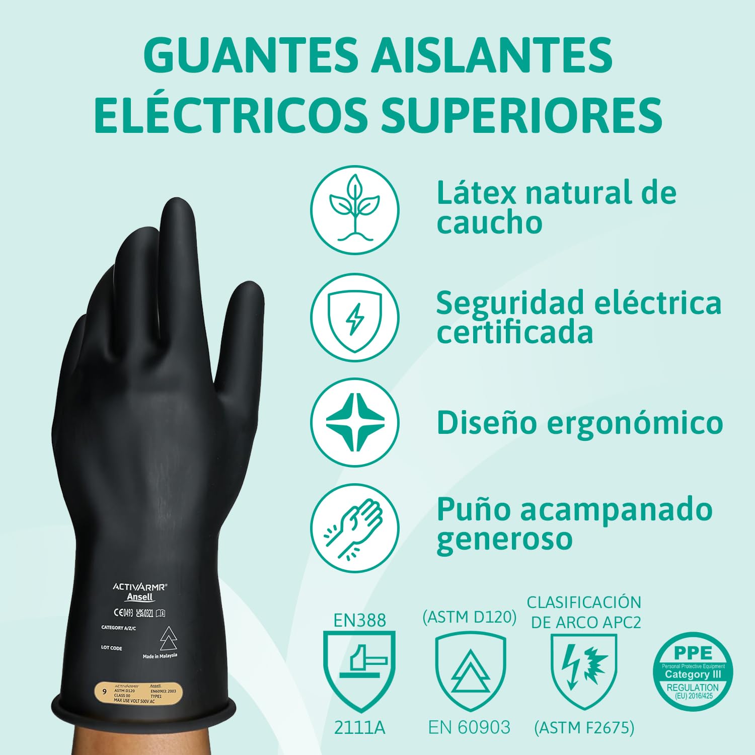 Ansell ActivArmr Guantes Aislantes Dieléctricos, Protección Eléctrica Class 0, Tensión 1000V, Trabajos con Electricidad, Látex de Caucho Natural, 28 cm, Negro, Talla 2XL, 1 Par