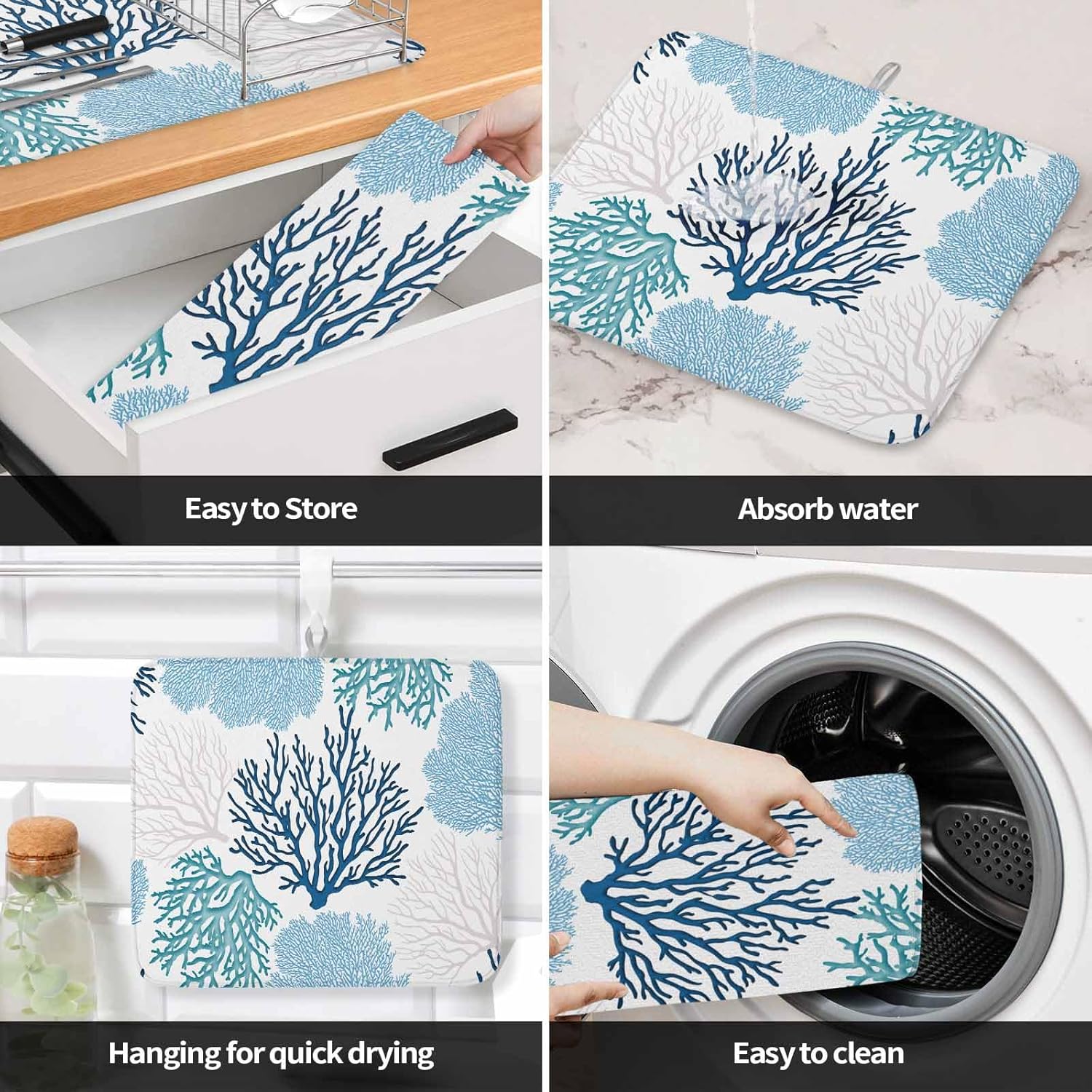 Blue Coral Dish Drying Mat for Kitchen Counter, Summer Beach Teal Grey Baby Bottle Microfiber Drying Pad, Ocean Nautical Coastal Absorbent Coffee Cup Dishes Drainer Mats 18"x24"