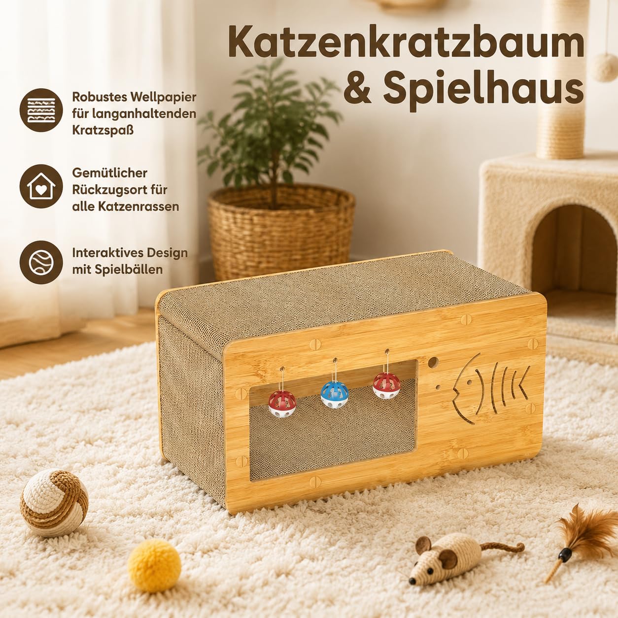 predolo Kratzhaus Katze aus Wellpappe, Katzenhöhle Pappe mit vertikaler Kratzfläche für Wohnungskatzen, Kratzhaus Katzenmöbel für Ruhe und Spiel, Einzelnes TV-Gerät, 55 x 28 x 26 cm