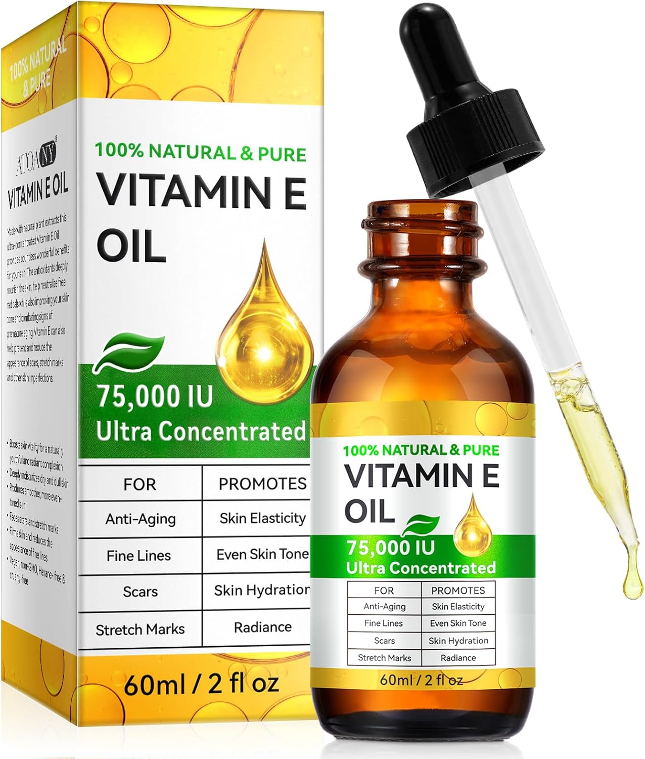 Vitamin E Oil, 75,000 IU Vitamin E Oil for Scars, Organic Moisturizing Body Oil for Skin, Face, Body, Nails and Hair, Youthful-Looking Skin, 2 fl oz